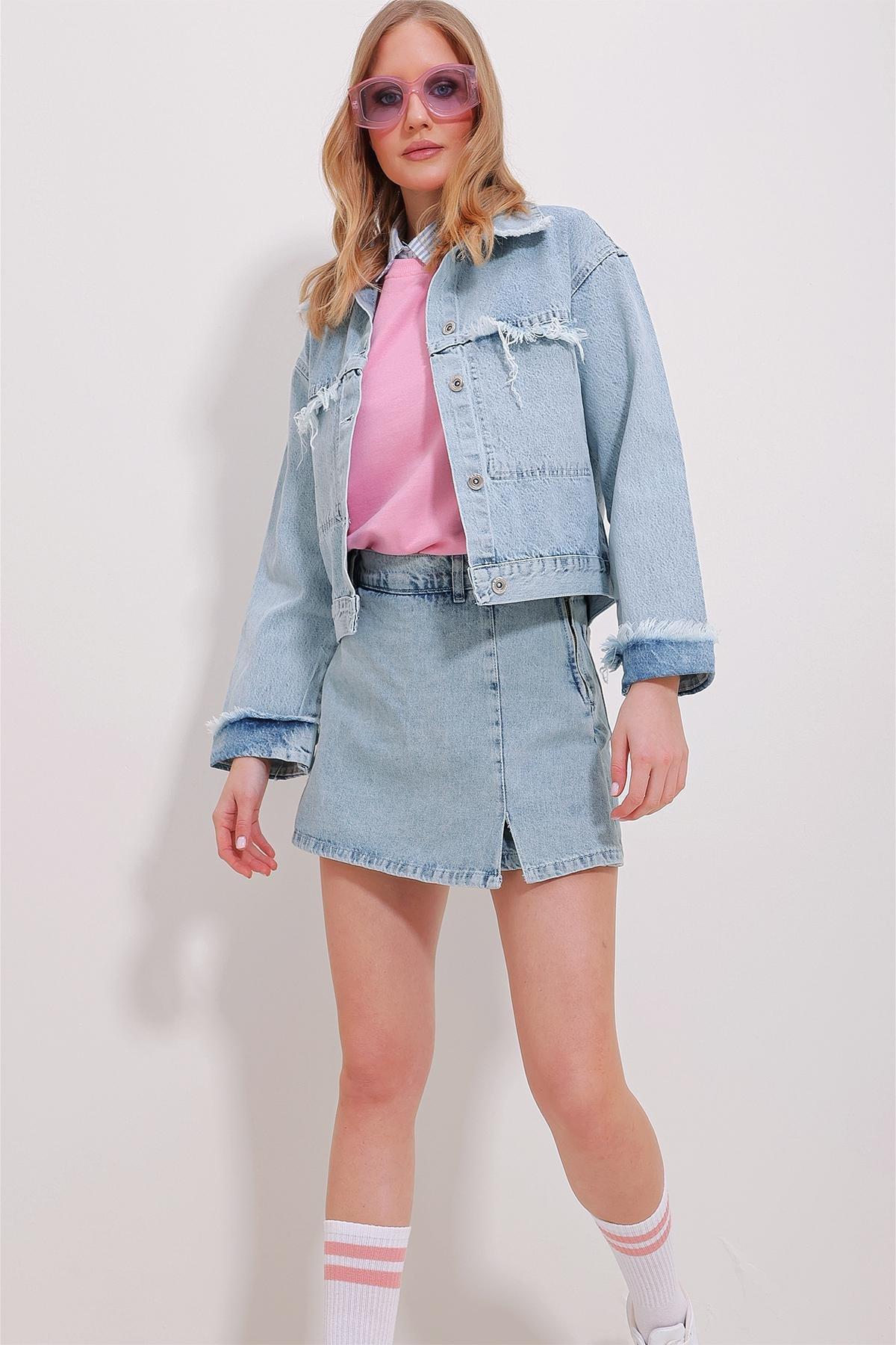 Blue Detailed Crop Denim Jacket, ICE BLUE, large image number 4