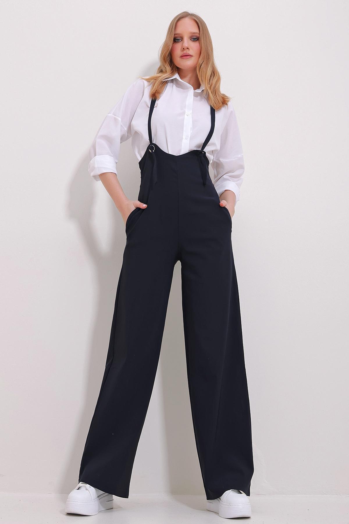 Navy Double Pocket Strap Lycra Overalls, , large image number 0