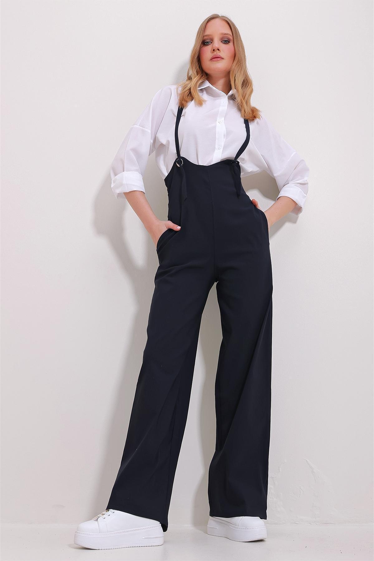 Navy Double Pocket Strap Lycra Overalls, , large image number 3
