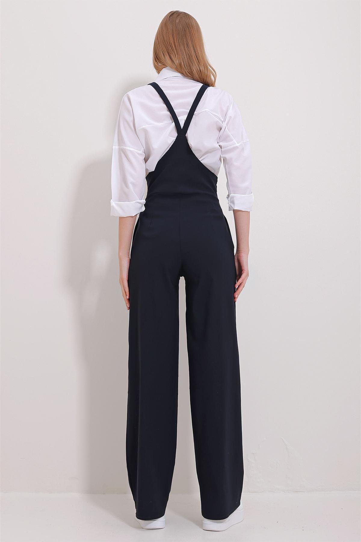 Navy Double Pocket Strap Lycra Overalls, , large image number 4