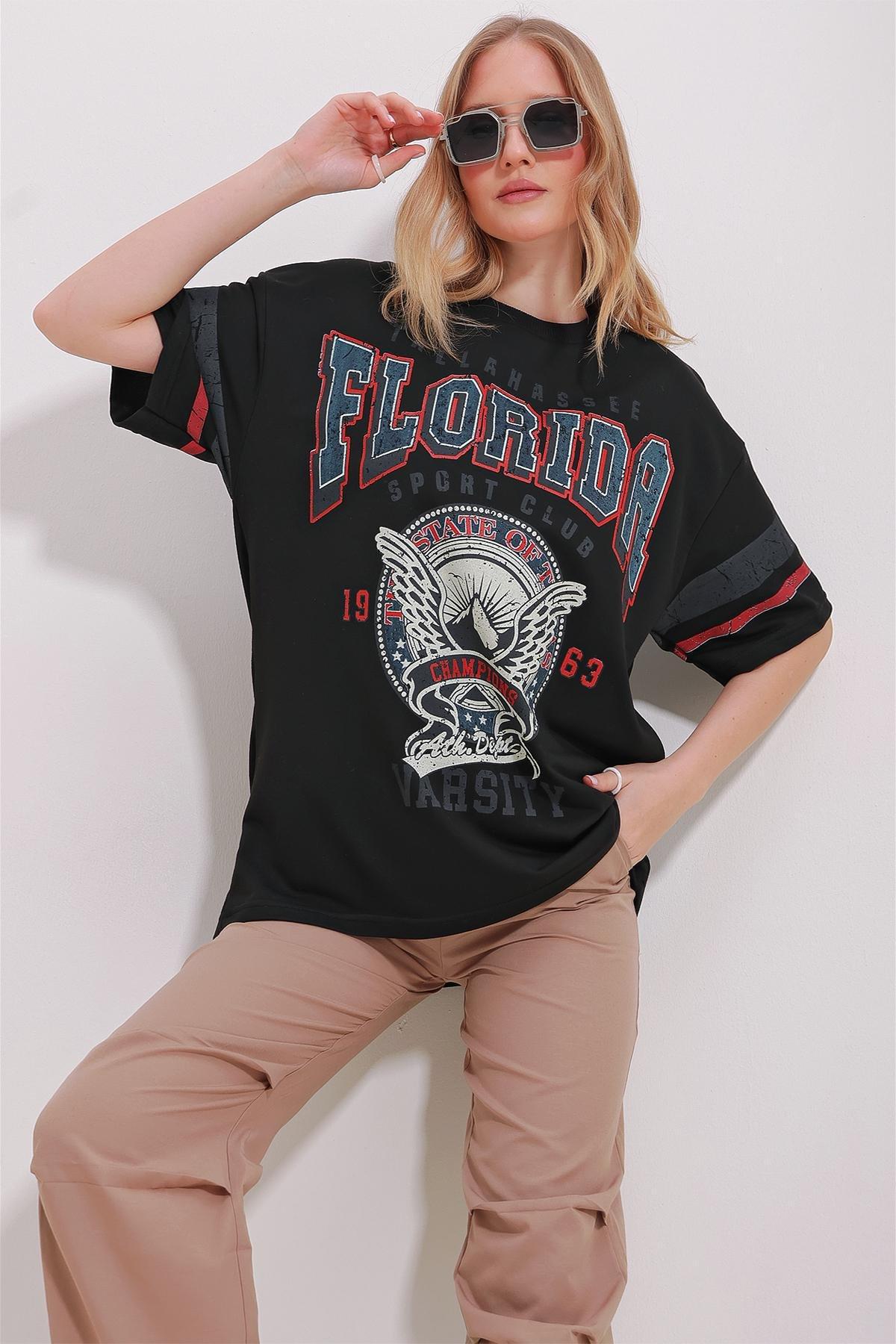 Black Crew Neck Printed Oversize T-Shirt, , large image number 1