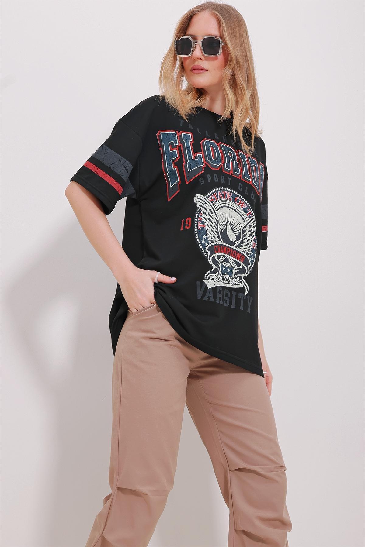 Black Crew Neck Printed Oversize T-Shirt, , large image number 2