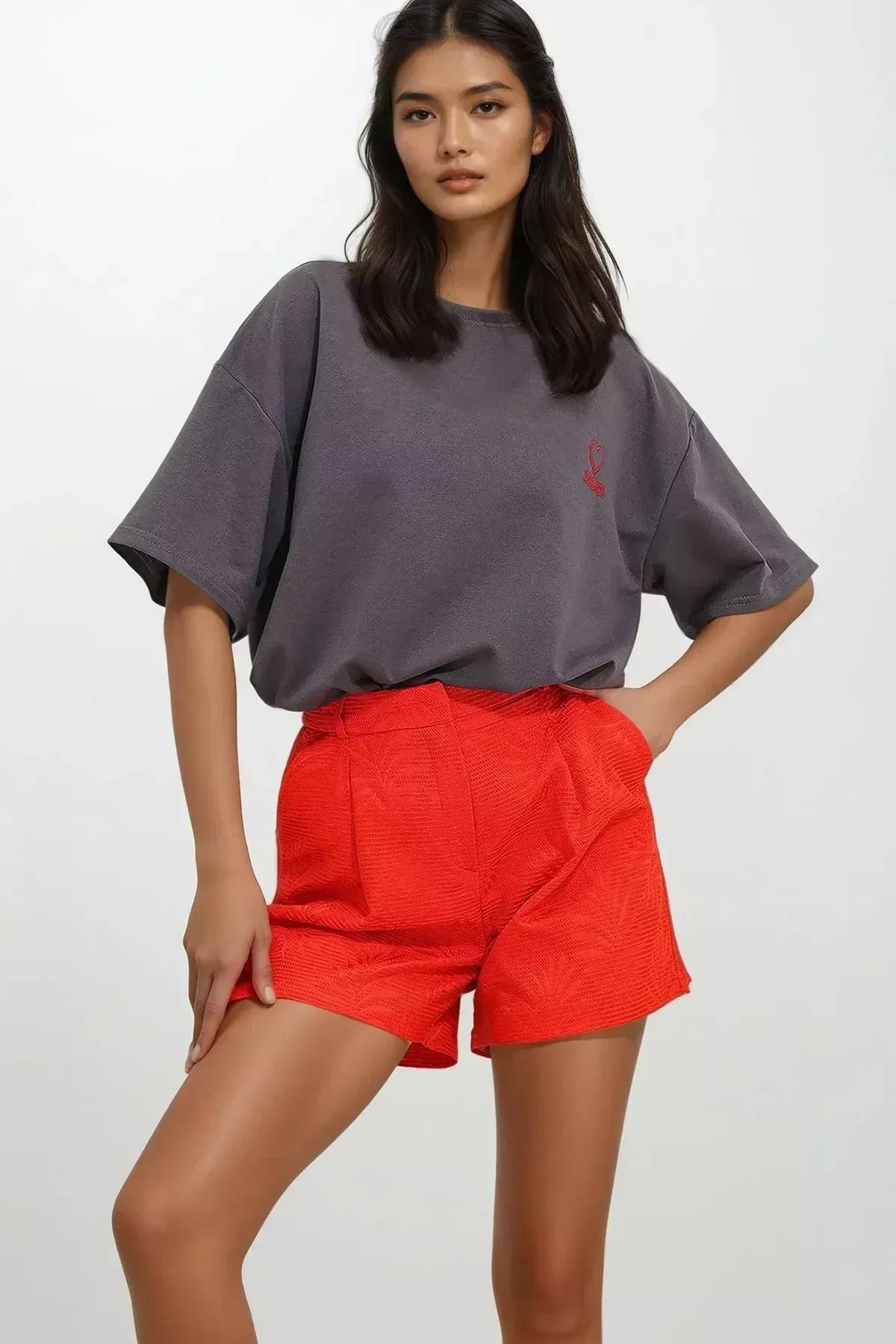 Grey Crew Neck Mom Embroidered T-Shirt, Anthracite, medium