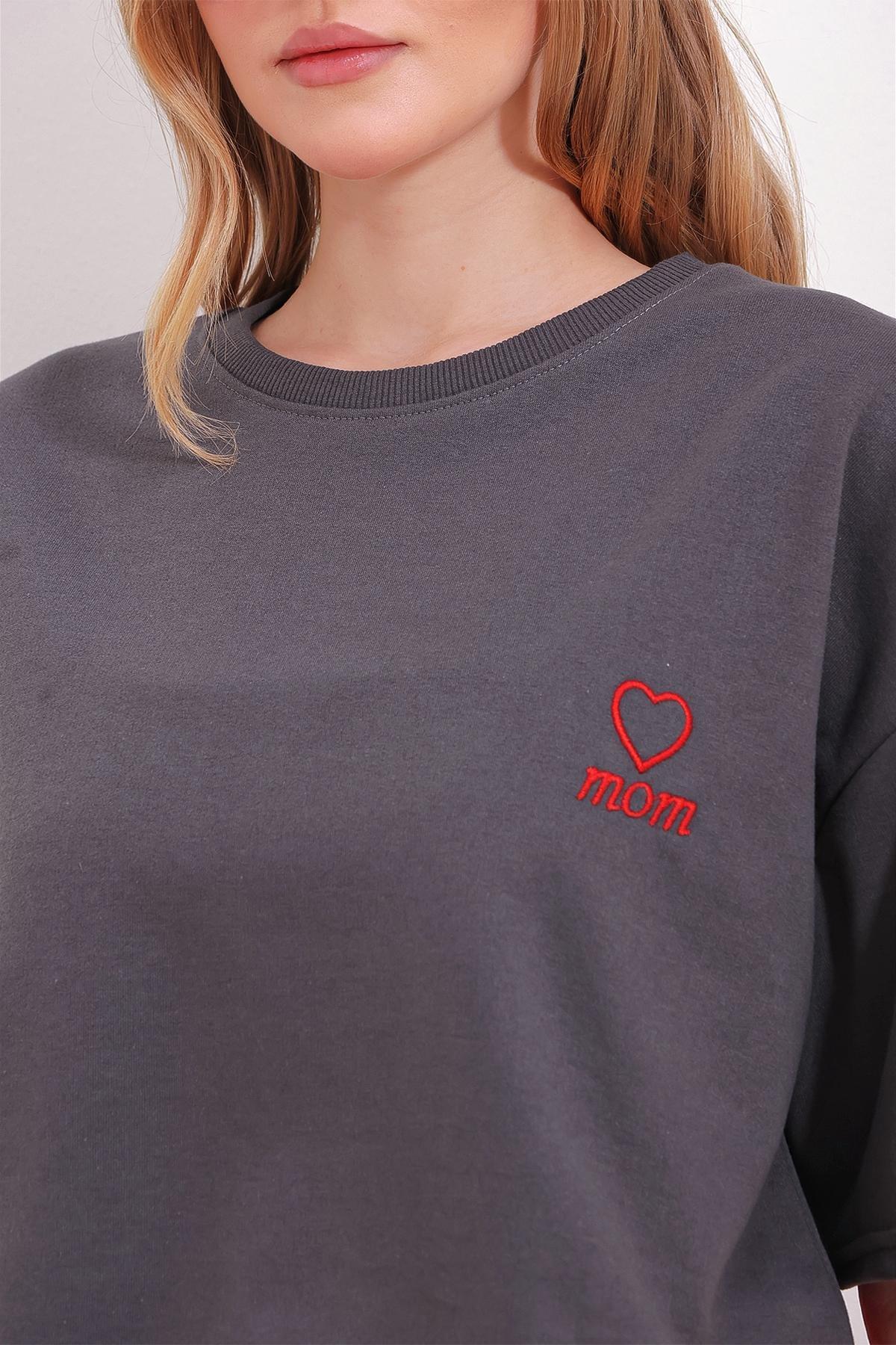 Grey Crew Neck Mom Embroidered T-Shirt, , large image number 4
