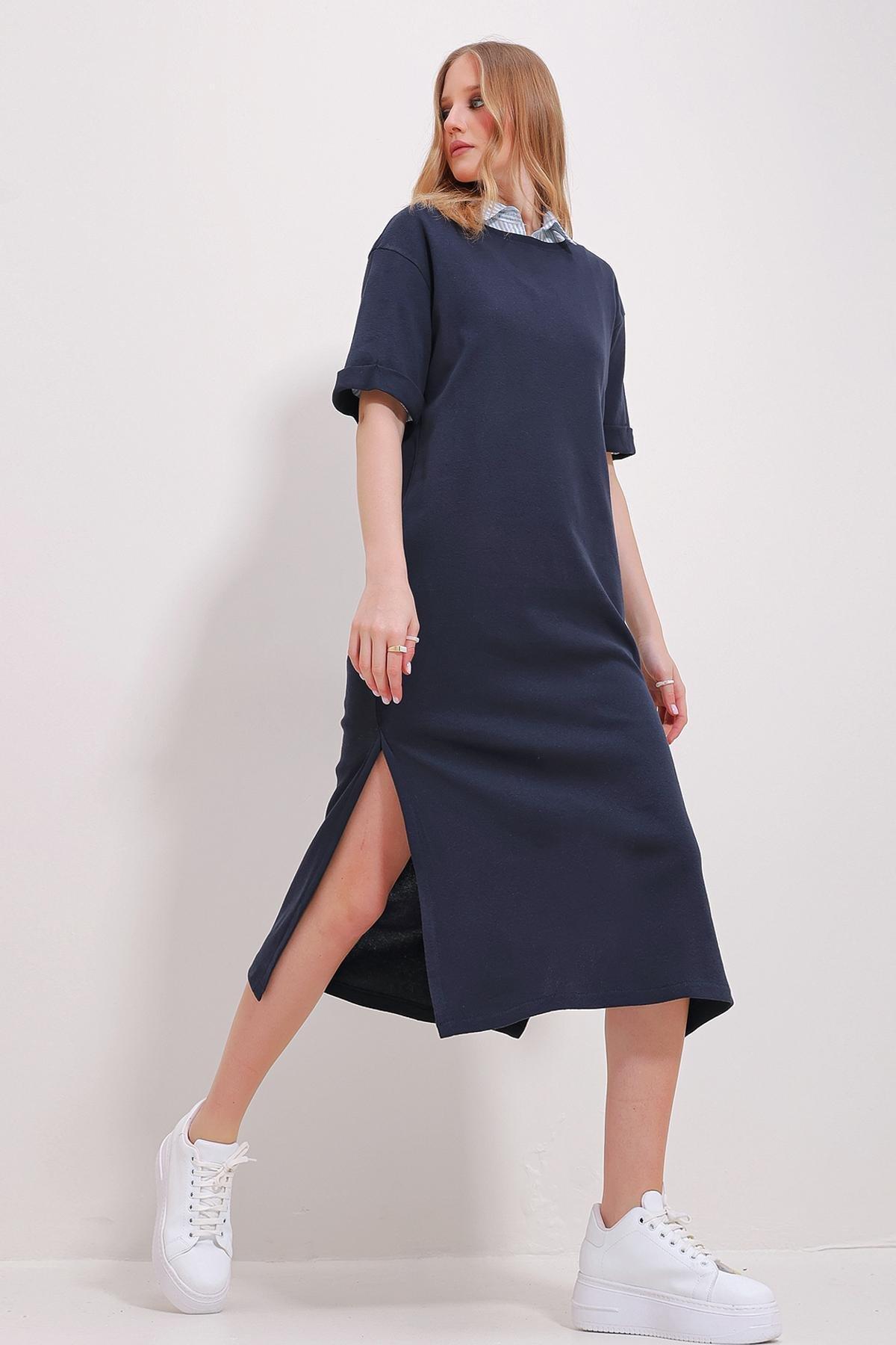 Navy Crew Neck Double Sleeve Slit Dress, , medium