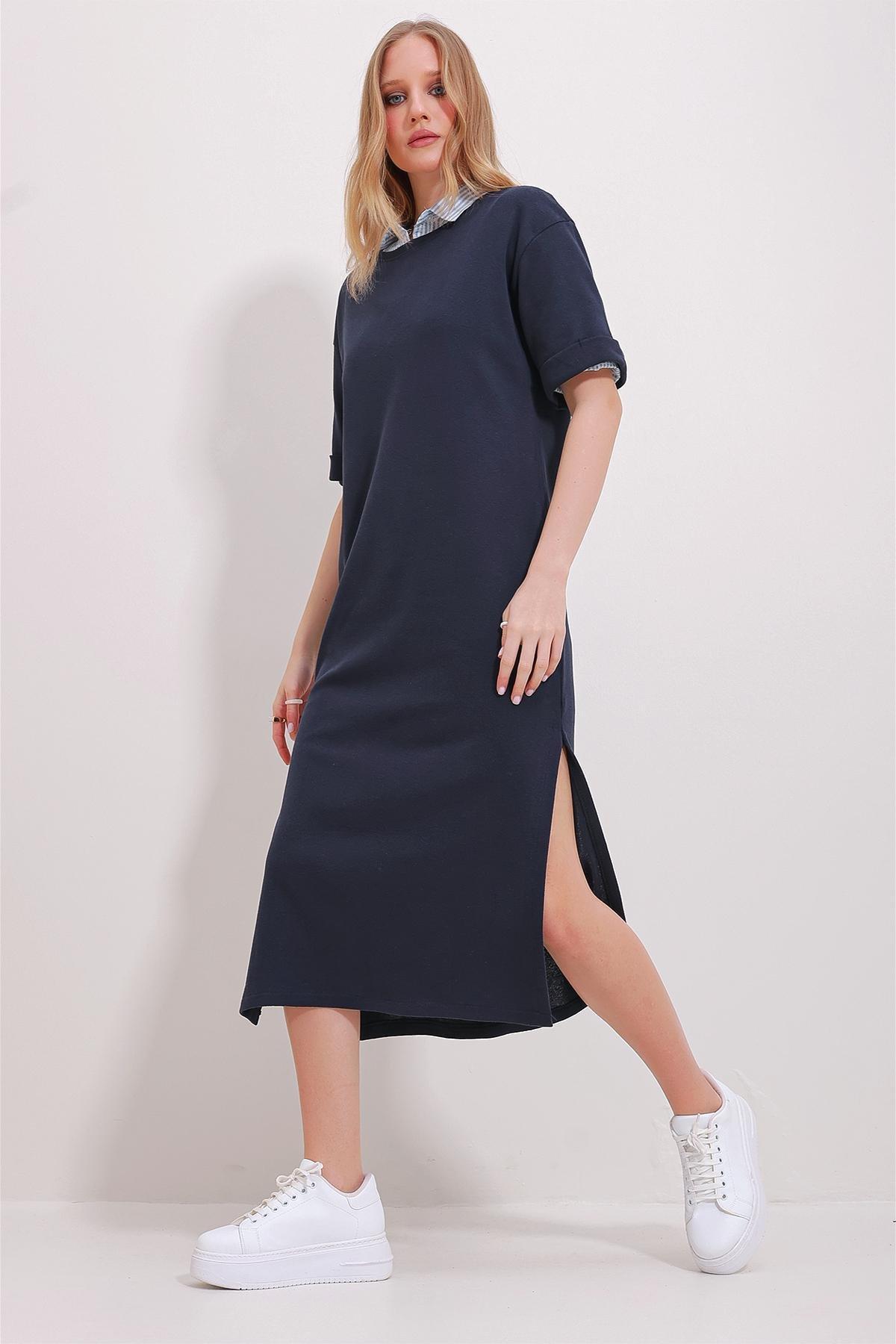 Navy Crew Neck Double Sleeve Slit Dress, , large image number 2