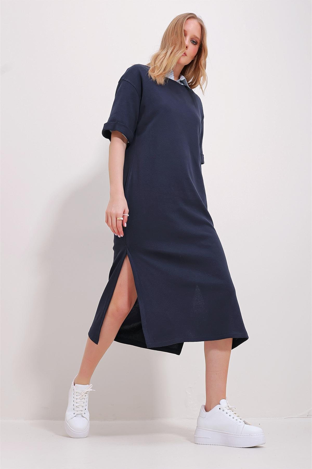 Navy Crew Neck Double Sleeve Slit Dress, , large image number 3