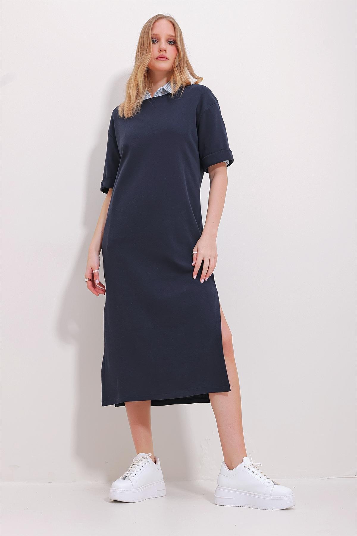 Navy Crew Neck Double Sleeve Slit Dress, , large image number 4