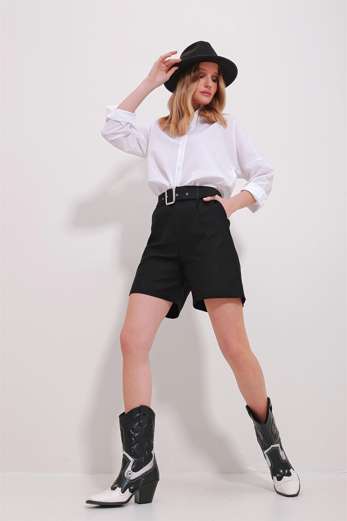 Black Belted Gabardine Shorts, , large image number 2