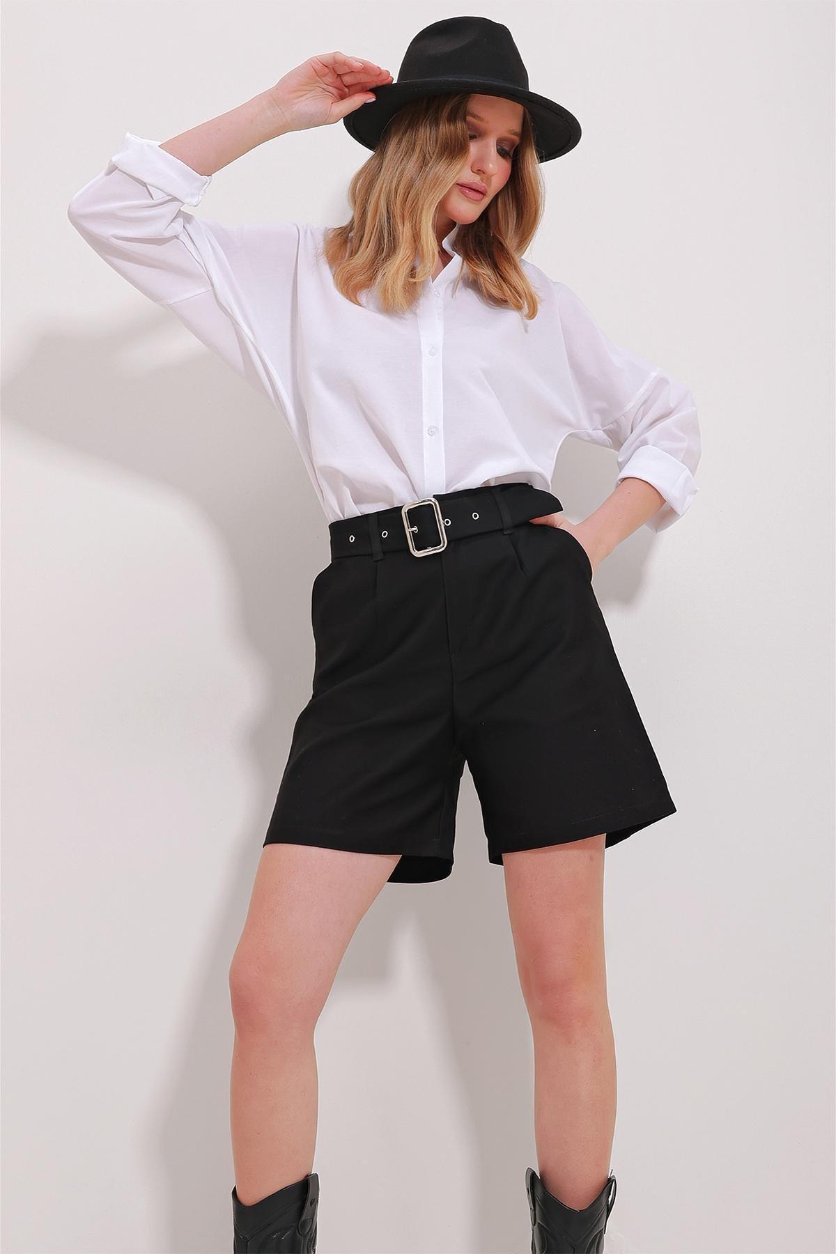 Black Belted Gabardine Shorts, , large image number 3
