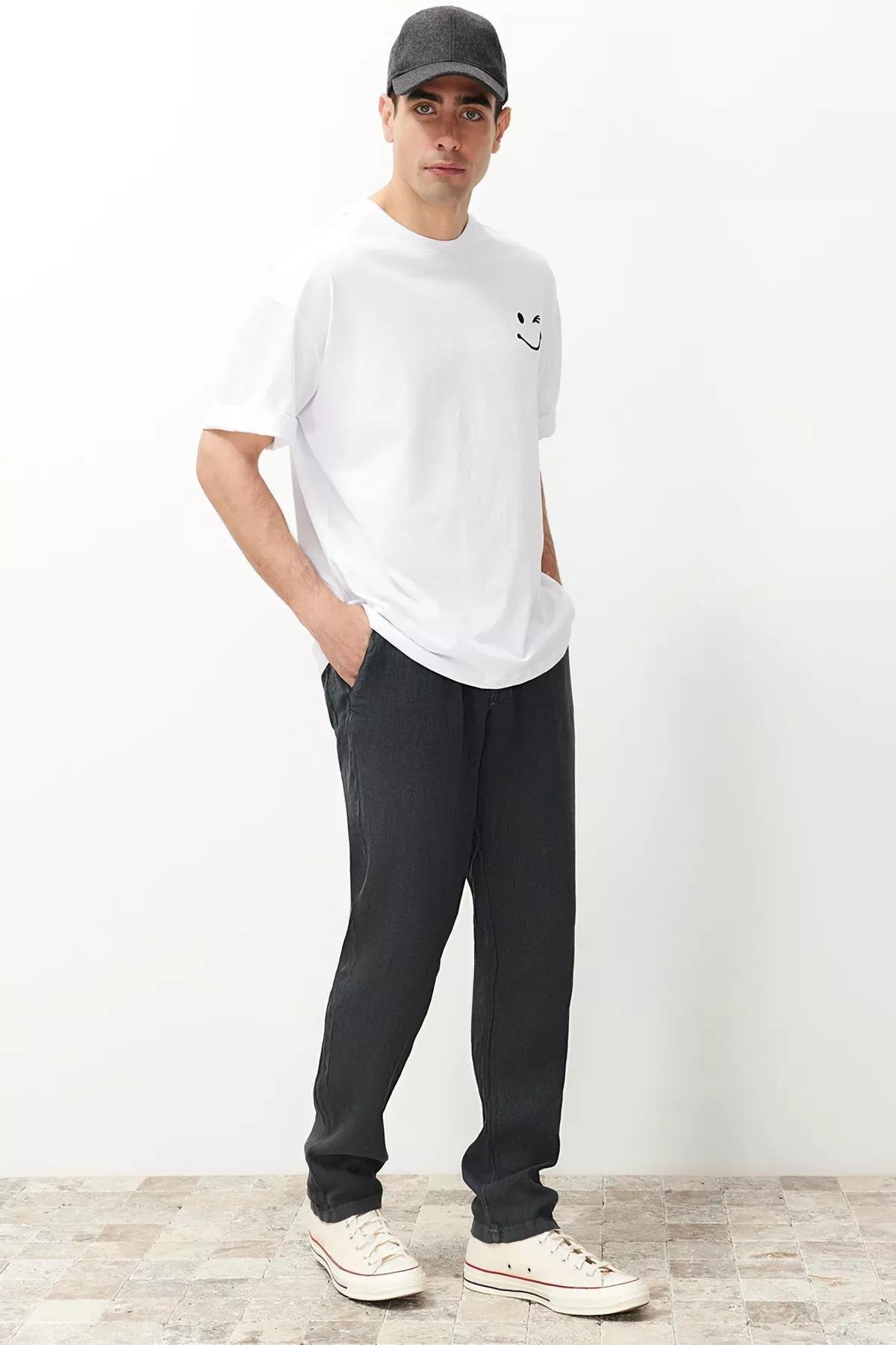 Grey Linen Straight Trousers, , medium