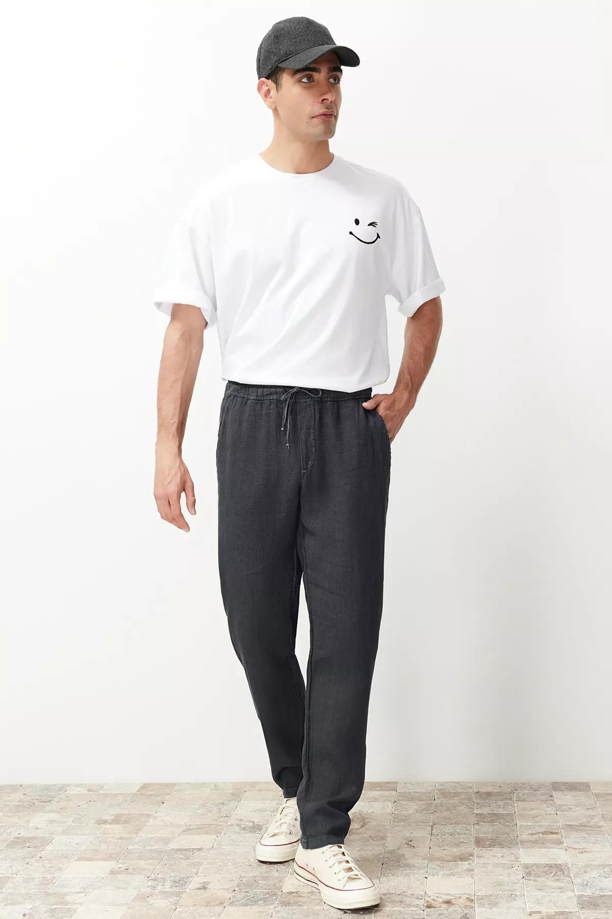 Grey Linen Straight Trousers, , large image number 1