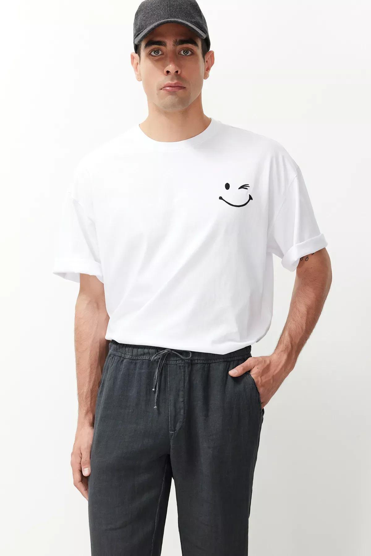 Grey Linen Straight Trousers, , large image number 2