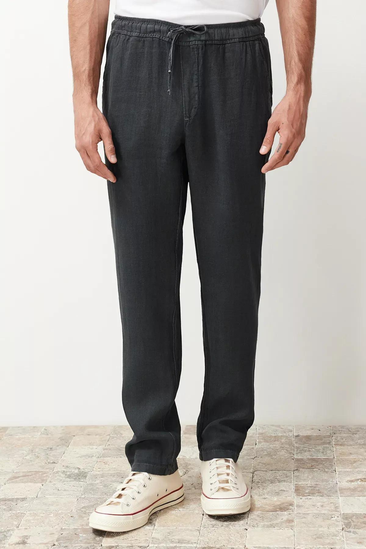 Grey Linen Straight Trousers, , large image number 3