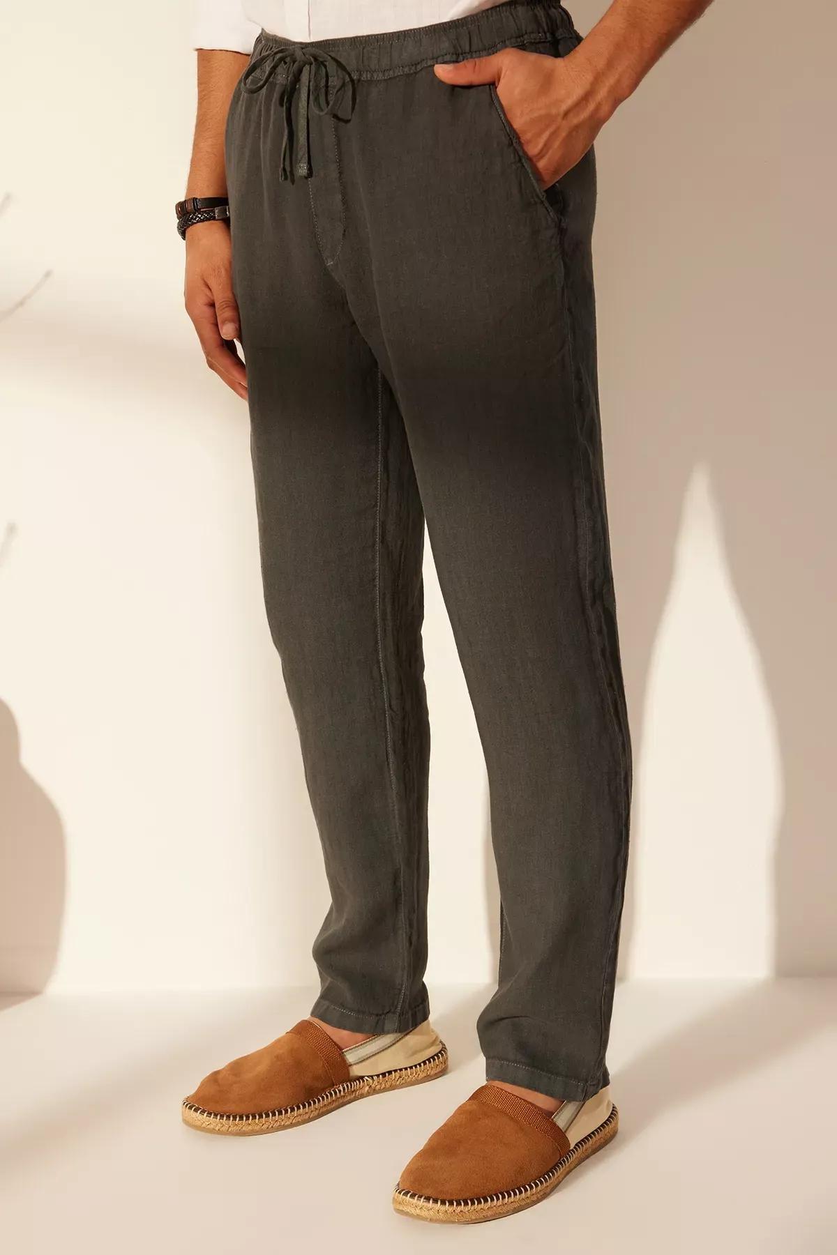 Grey Linen Straight Trousers, , large image number 5