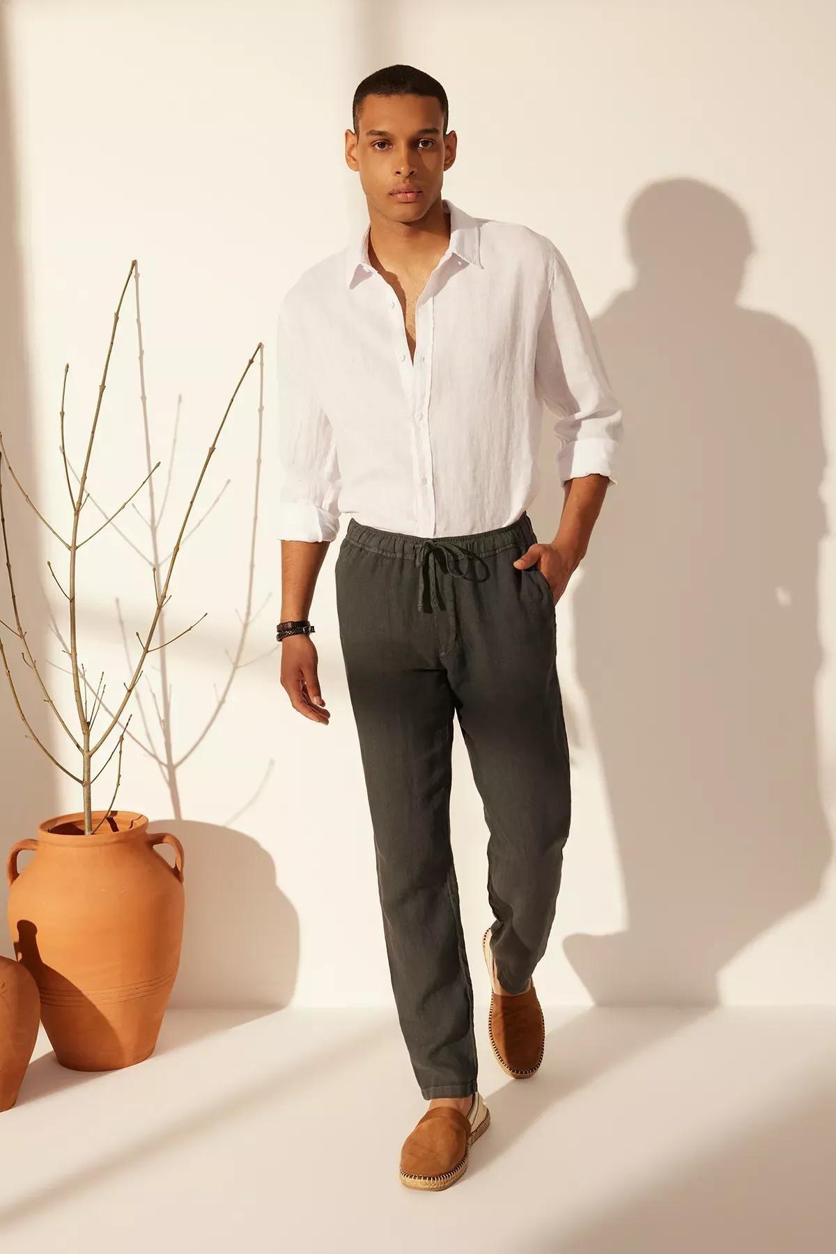 Grey Linen Straight Trousers, , large image number 6