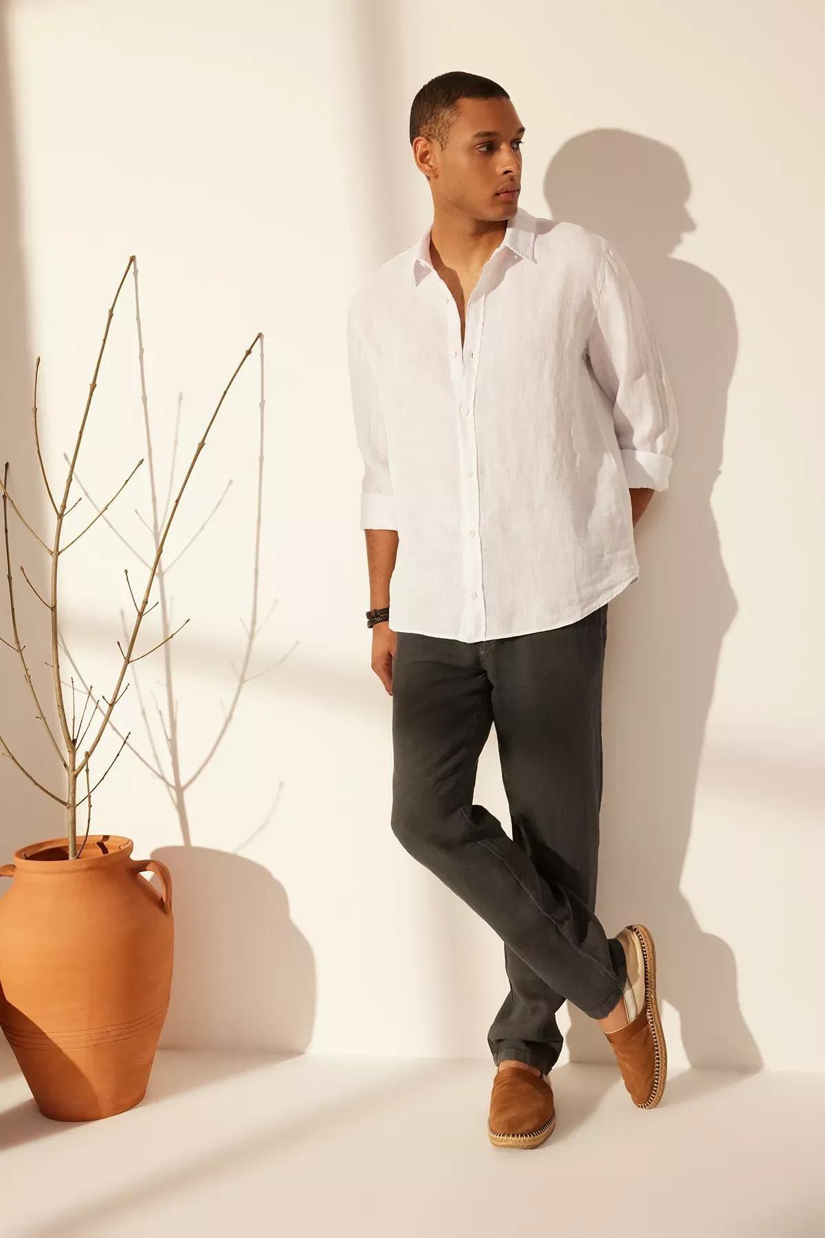 Grey Linen Straight Trousers, , large image number 7