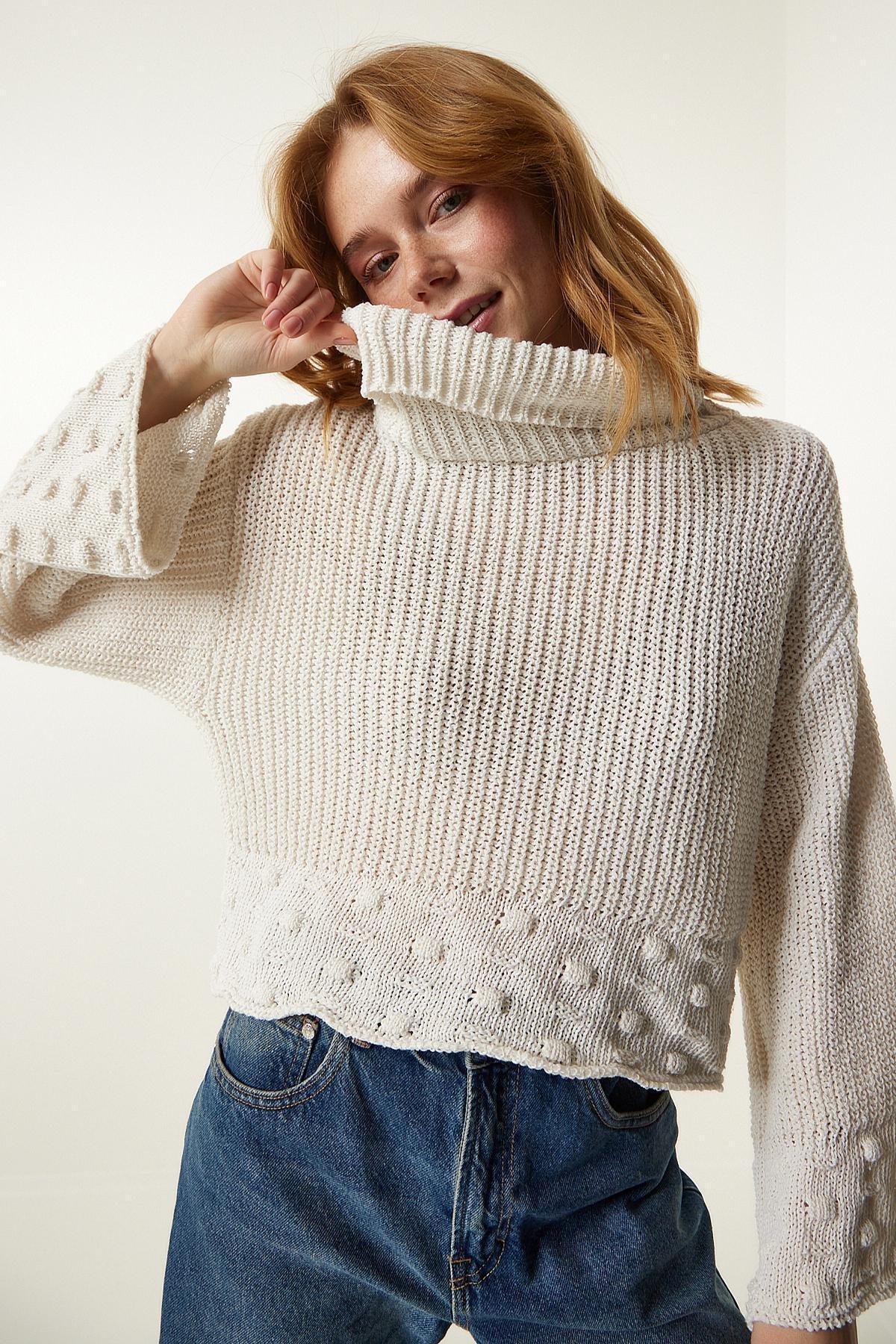 Womens Cream Turtleneck Textured Seasonal Knitwear Sweater MW00133, single, C101_162, large image number 1
