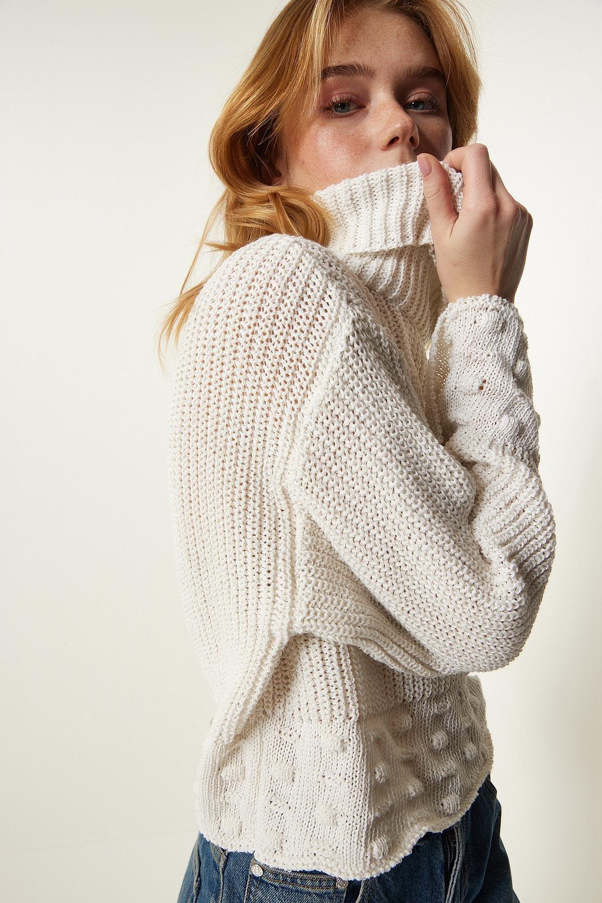 Womens Cream Turtleneck Textured Seasonal Knitwear Sweater MW00133, single, C101_162, large image number 2
