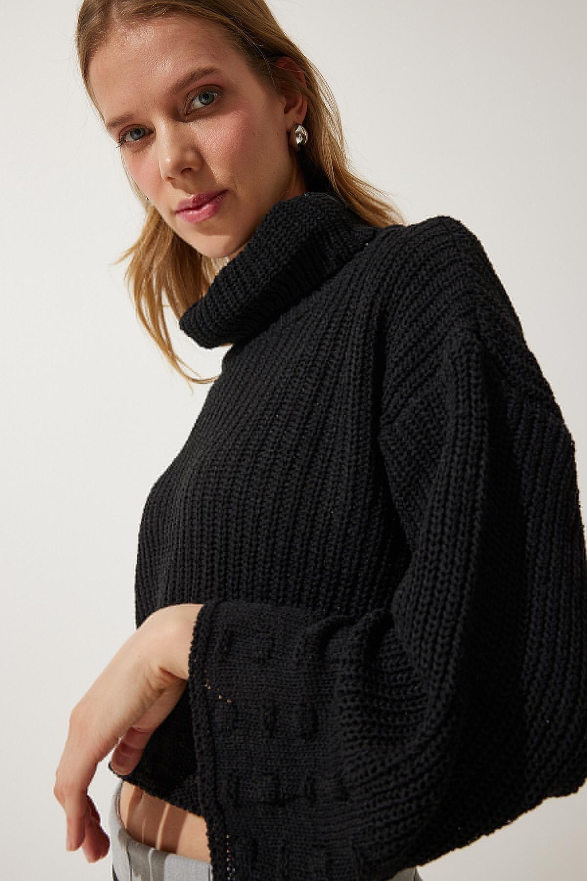 Black Turtleneck Textured Knit Sweater, C101_5720, large image number 2