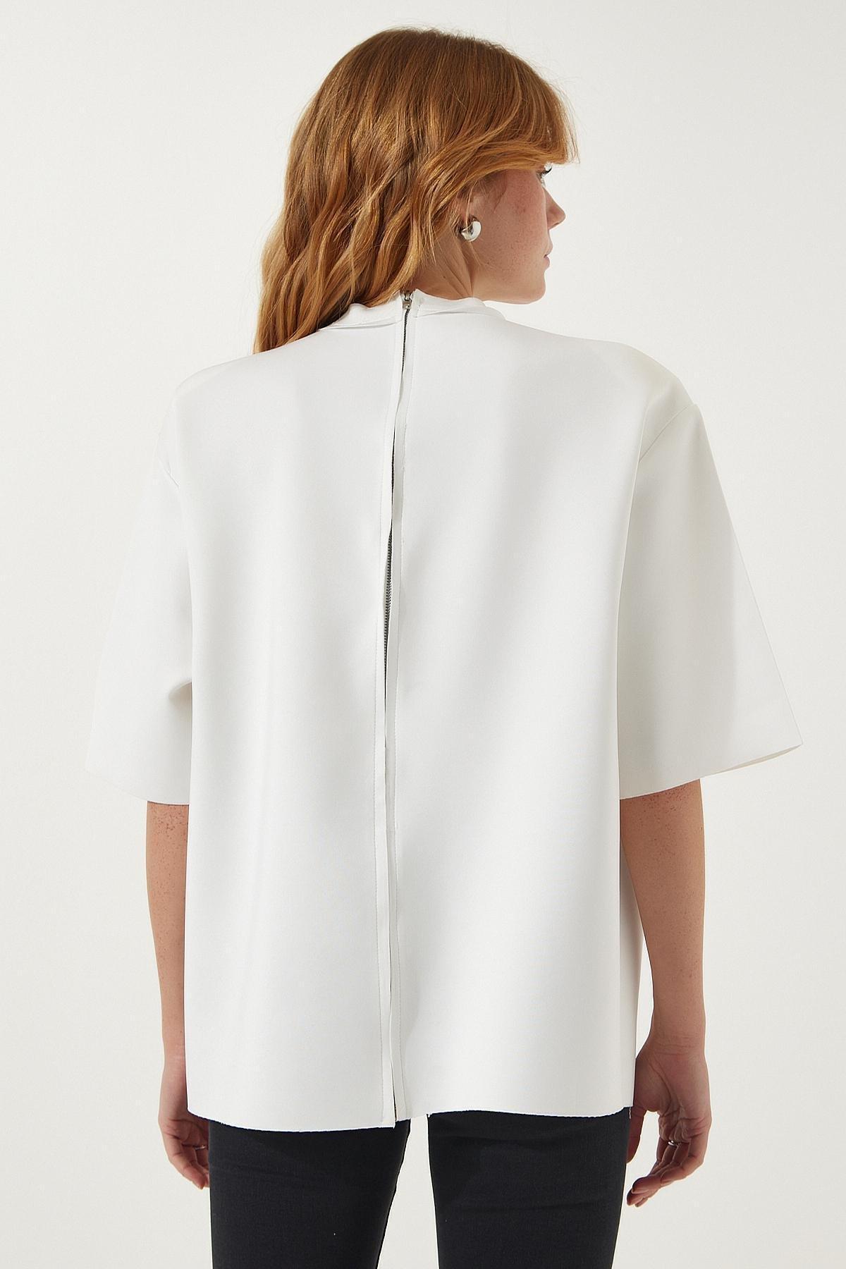 White Zippered Detailed Knitted T-Shirt, , large image number 6