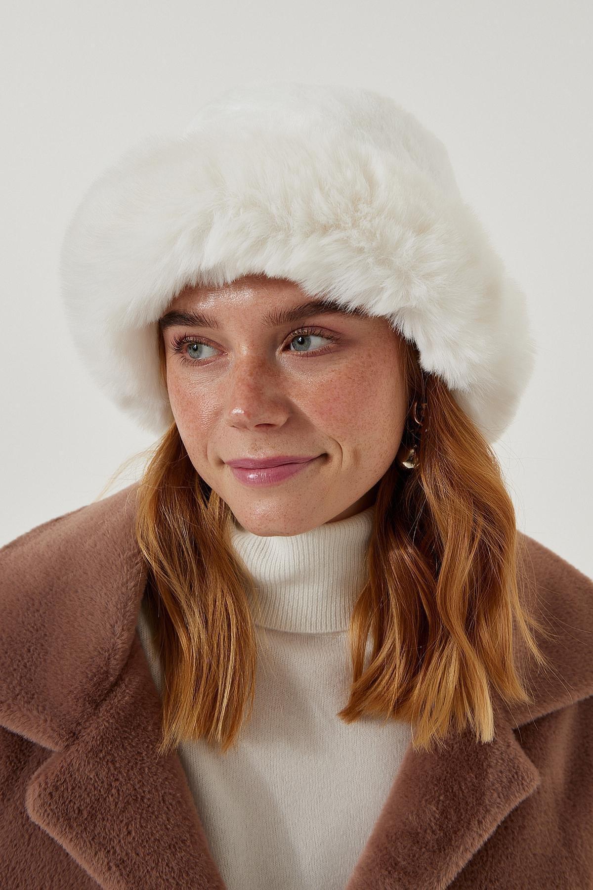 White Faux Fur Bucket Hat, White, large image number 1