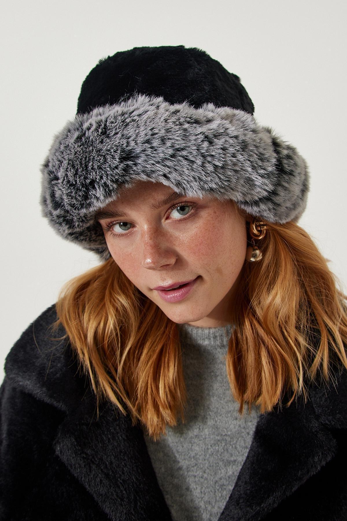 Grey Faux Fur Bucket Hat, Black Gray, large image number 0