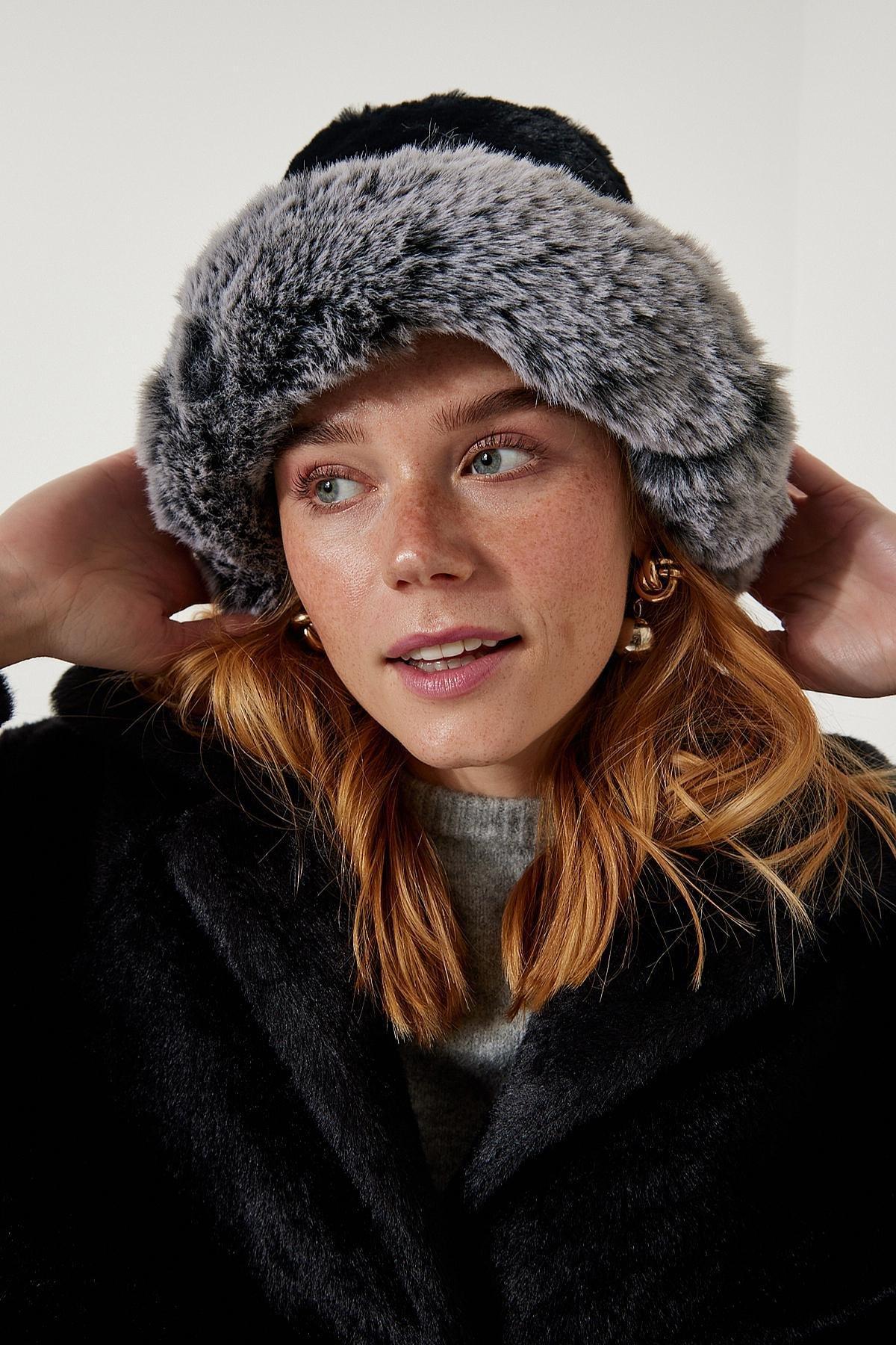 Grey Faux Fur Bucket Hat, Black Gray, large image number 1