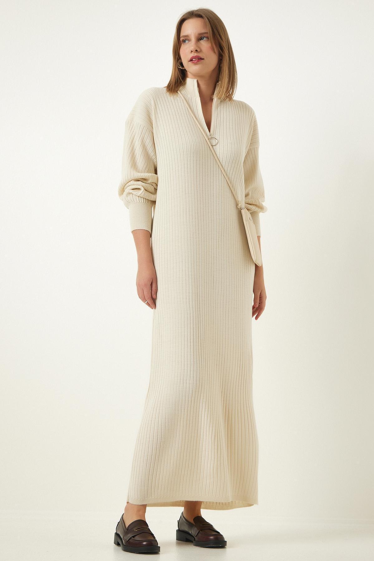 White Zippered Collared Ribbed Knitted Dress, , large image number 0