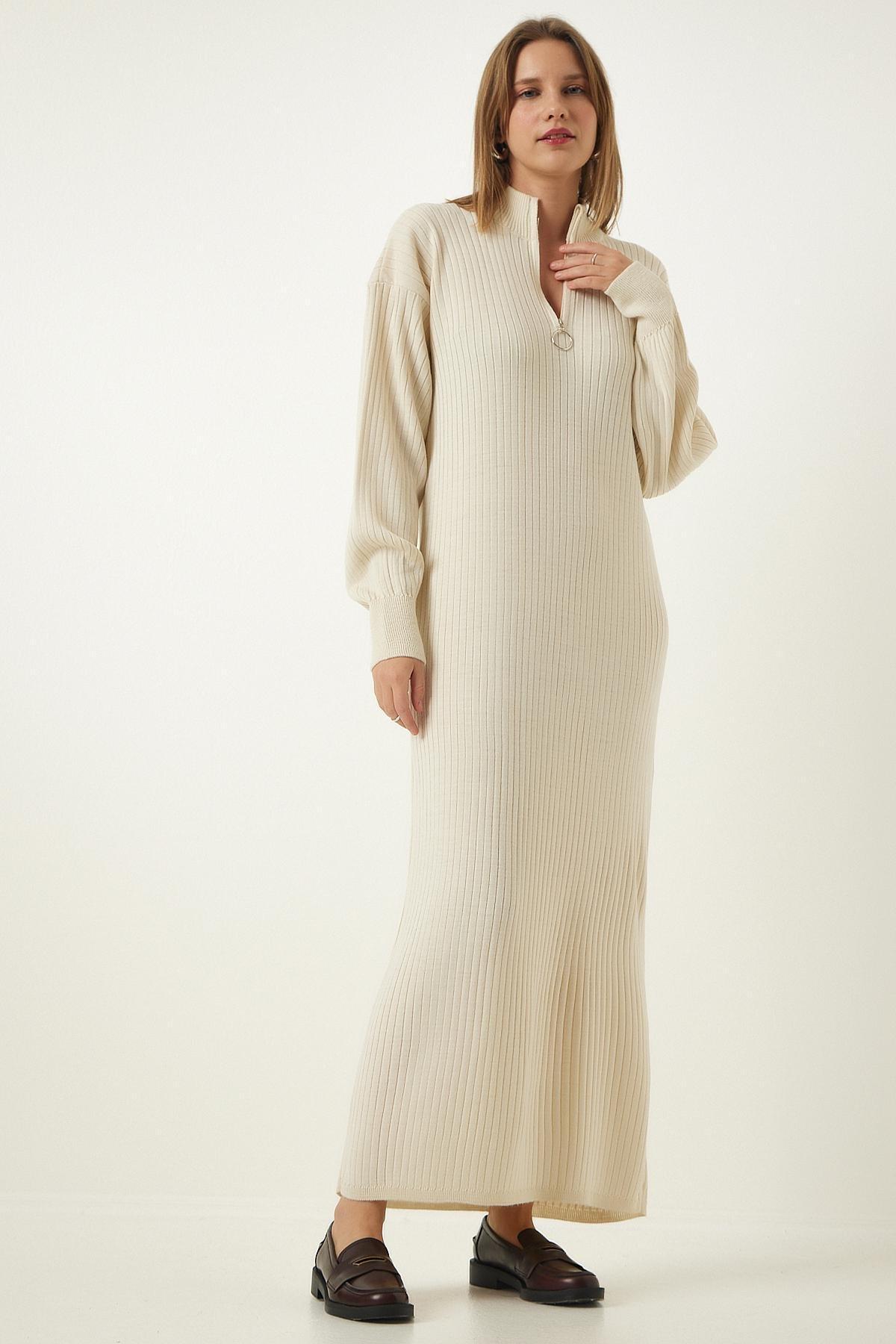 White Zippered Collared Ribbed Knitted Dress, , large image number 1