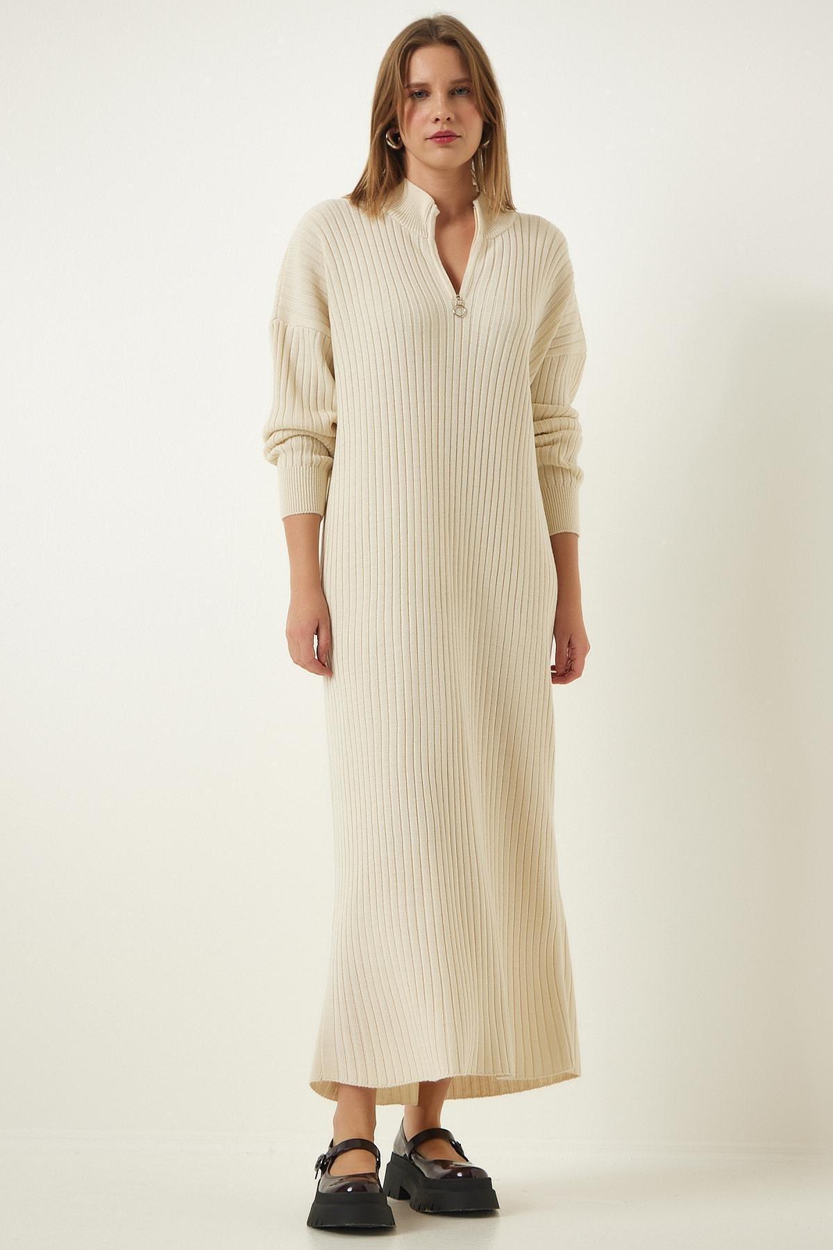 White Zippered Collared Ribbed Knitted Dress, , large image number 2