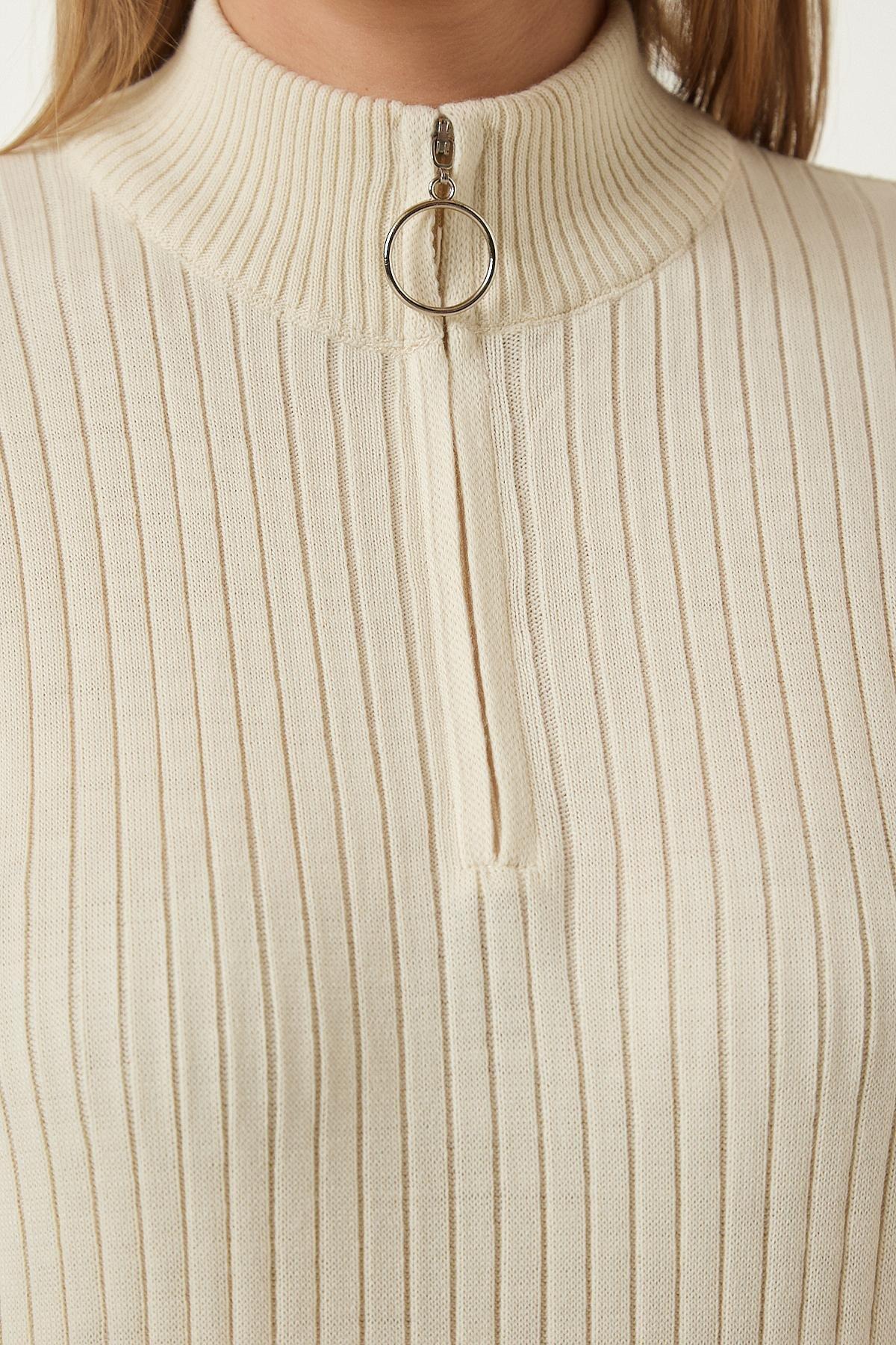 White Zippered Collared Ribbed Knitted Dress, , large image number 3