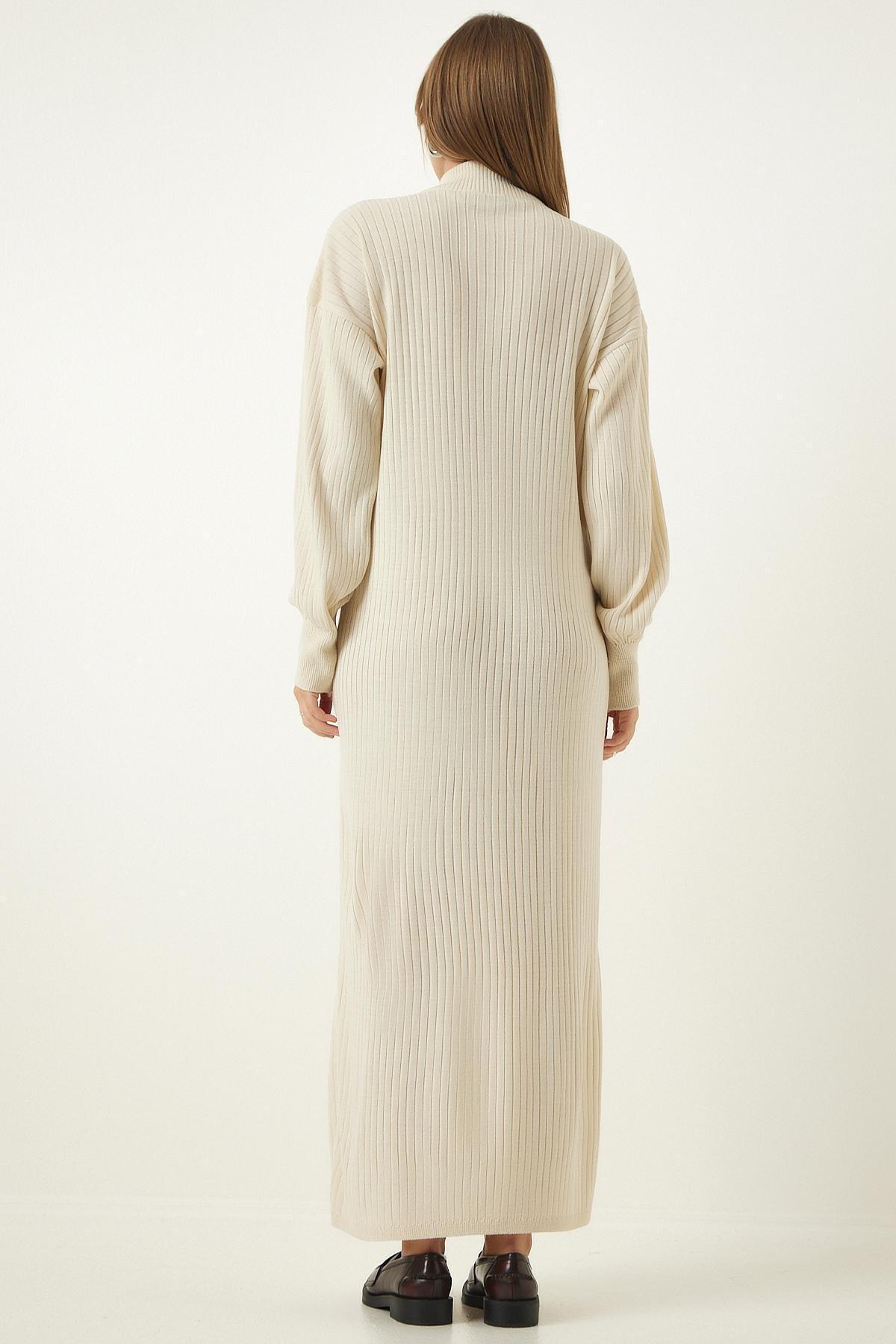 White Zippered Collared Ribbed Knitted Dress, , large image number 4