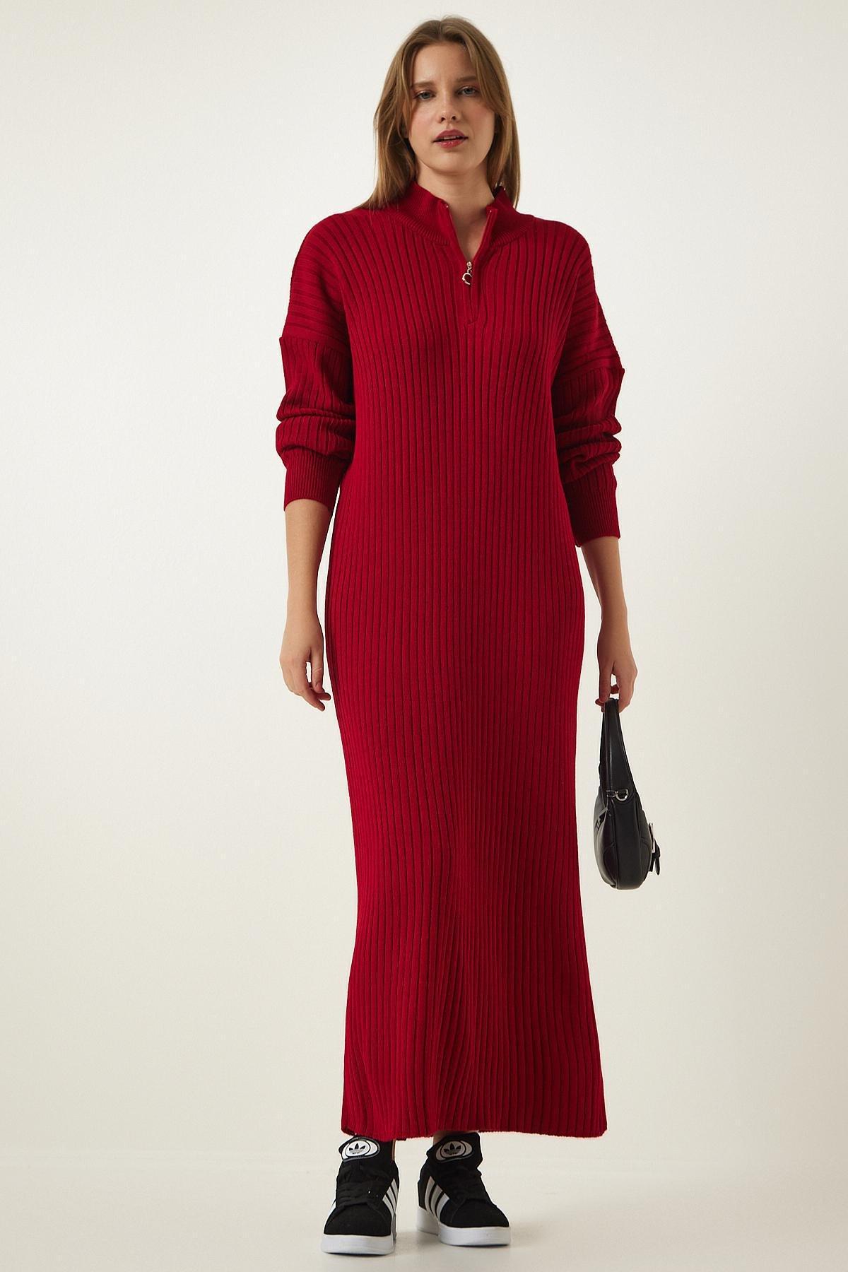 Red Zippered Collared Ribbed Knitted Dress, Red, large image number 0