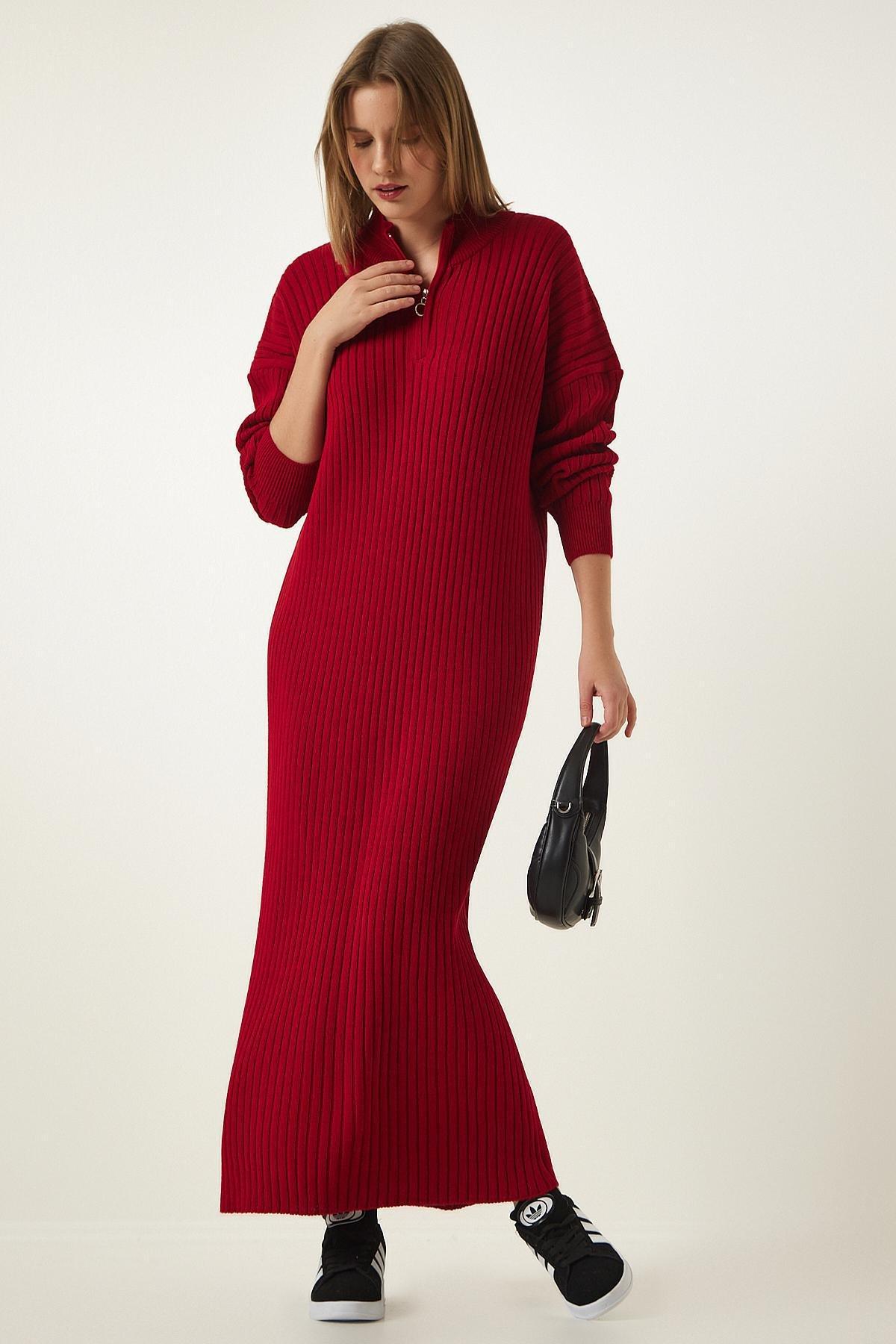 Red Zippered Collared Ribbed Knitted Dress, Red, large image number 1