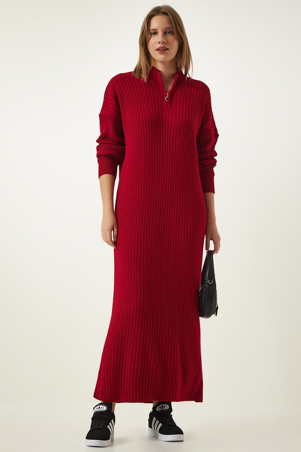 Red Zippered Collared Ribbed Knitted Dress, Red, large image number 2