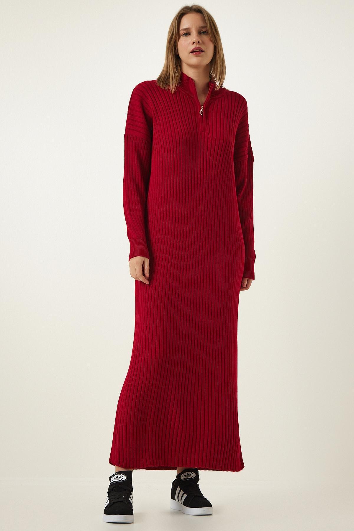 Red Zippered Collared Ribbed Knitted Dress, Red, large image number 3