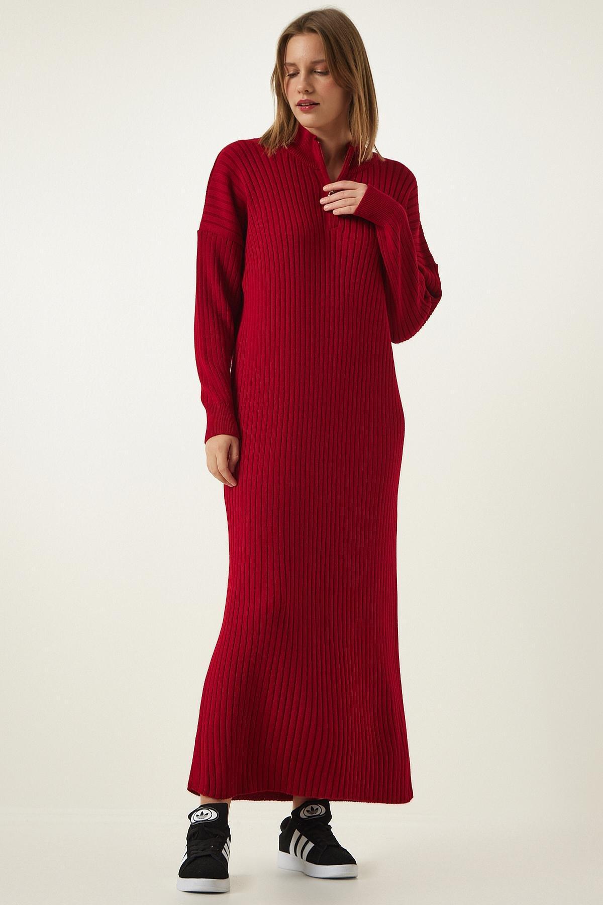 Red Zippered Collared Ribbed Knitted Dress, Red, large image number 4