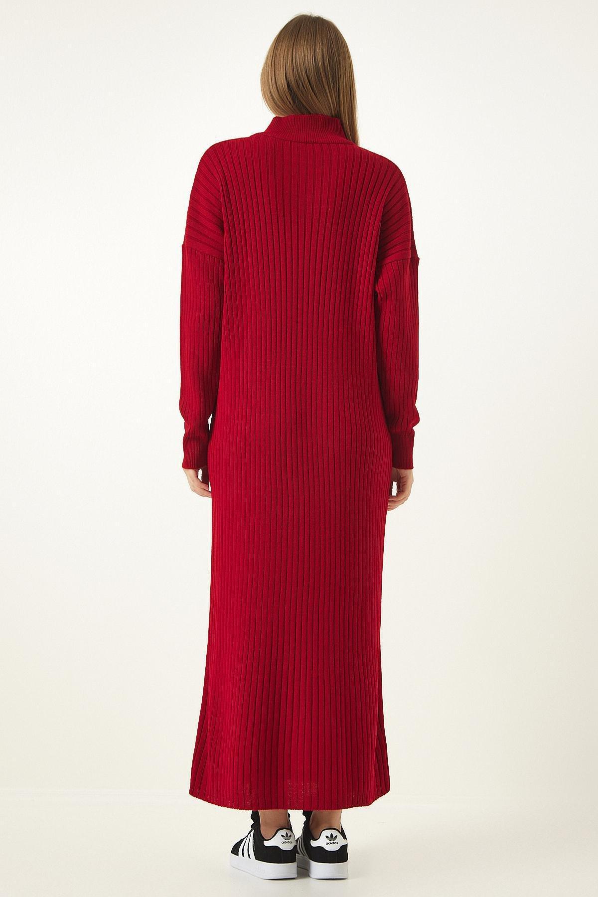 Red Zippered Collared Ribbed Knitted Dress, Red, large image number 5