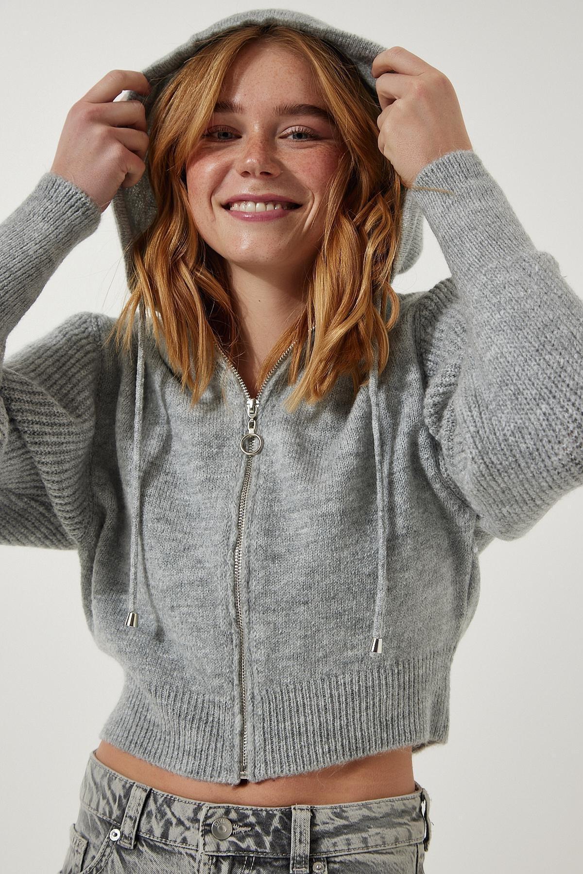 Grey Hooded Zipper Knitwear Cardigan, C101_5662, large image number 2