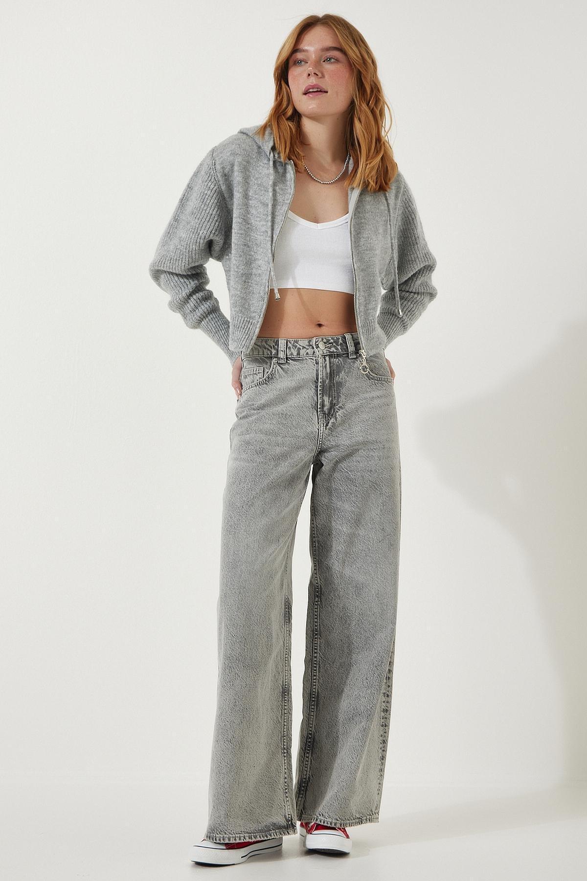 Grey Hooded Zipper Knitwear Cardigan, C101_5662, large image number 3