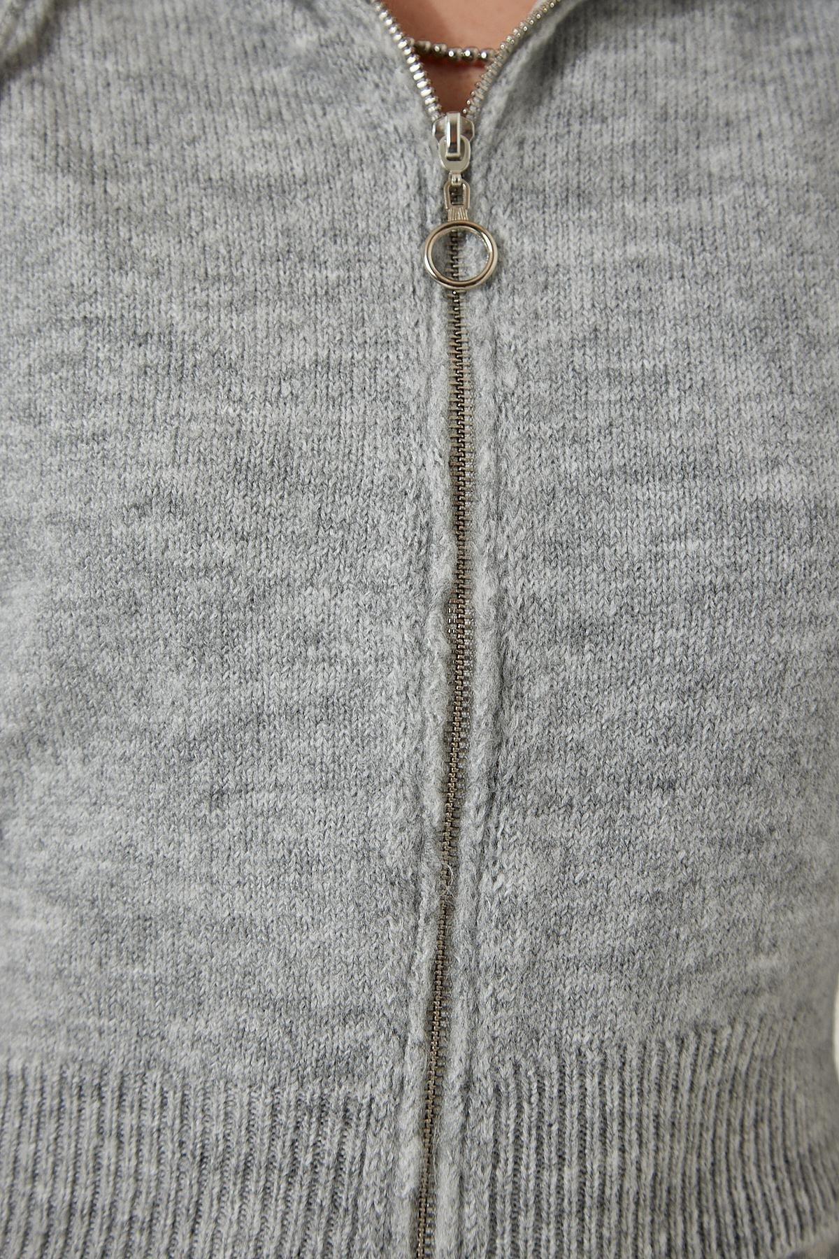 Grey Hooded Zipper Knitwear Cardigan, C101_5662, large image number 4