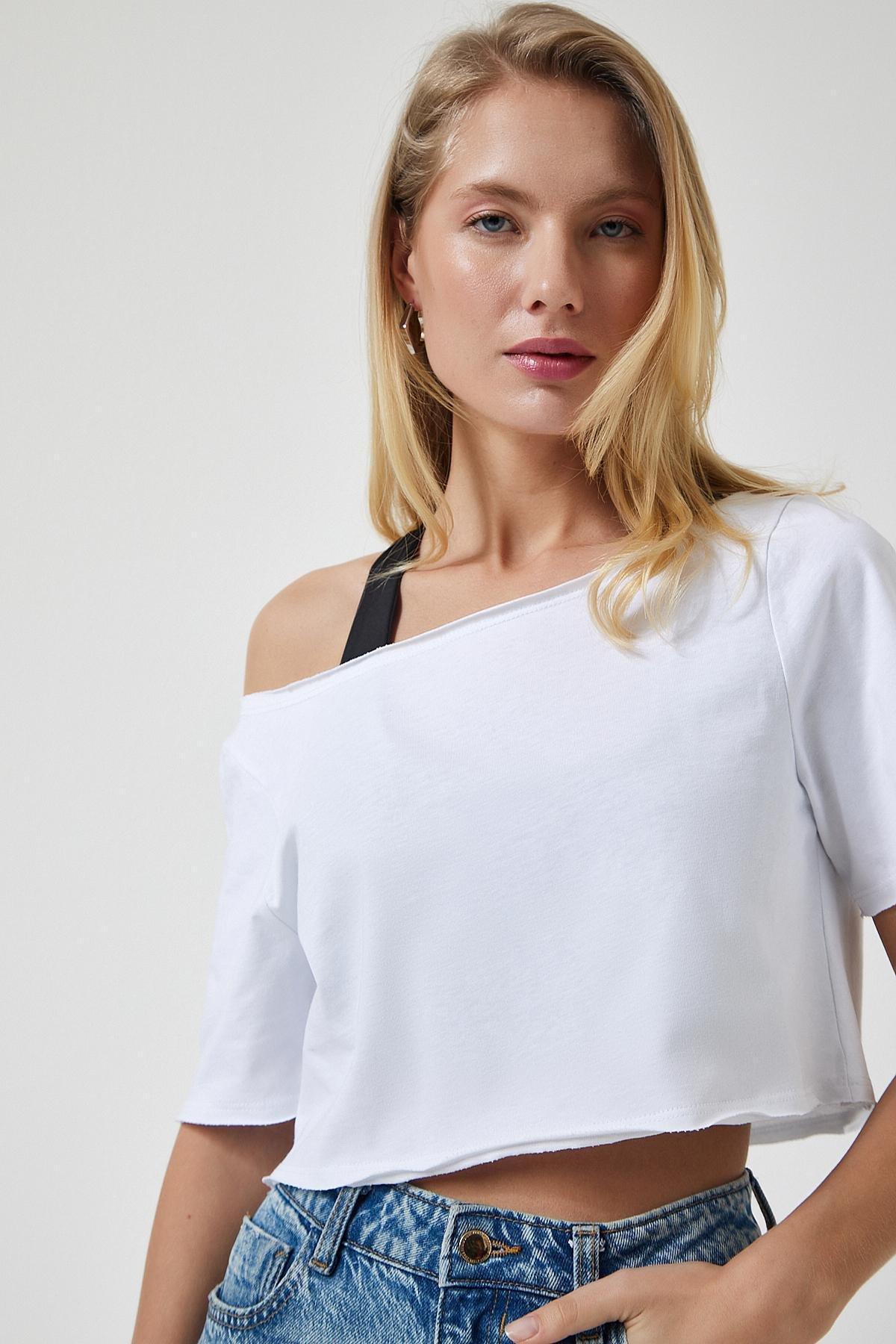 White Boat Neck Crop Knitted T-Shirt, C101_5696, large image number 0