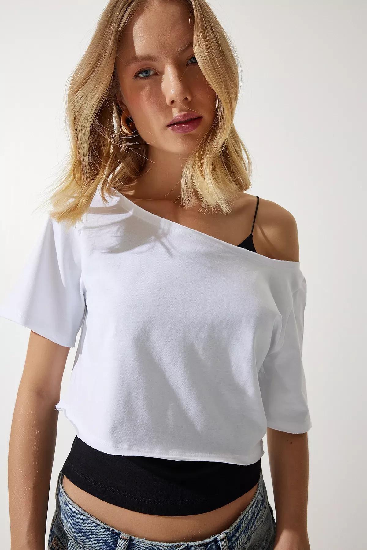 White Boat Neck Crop Knitted T-Shirt, C101_5696, large image number 1