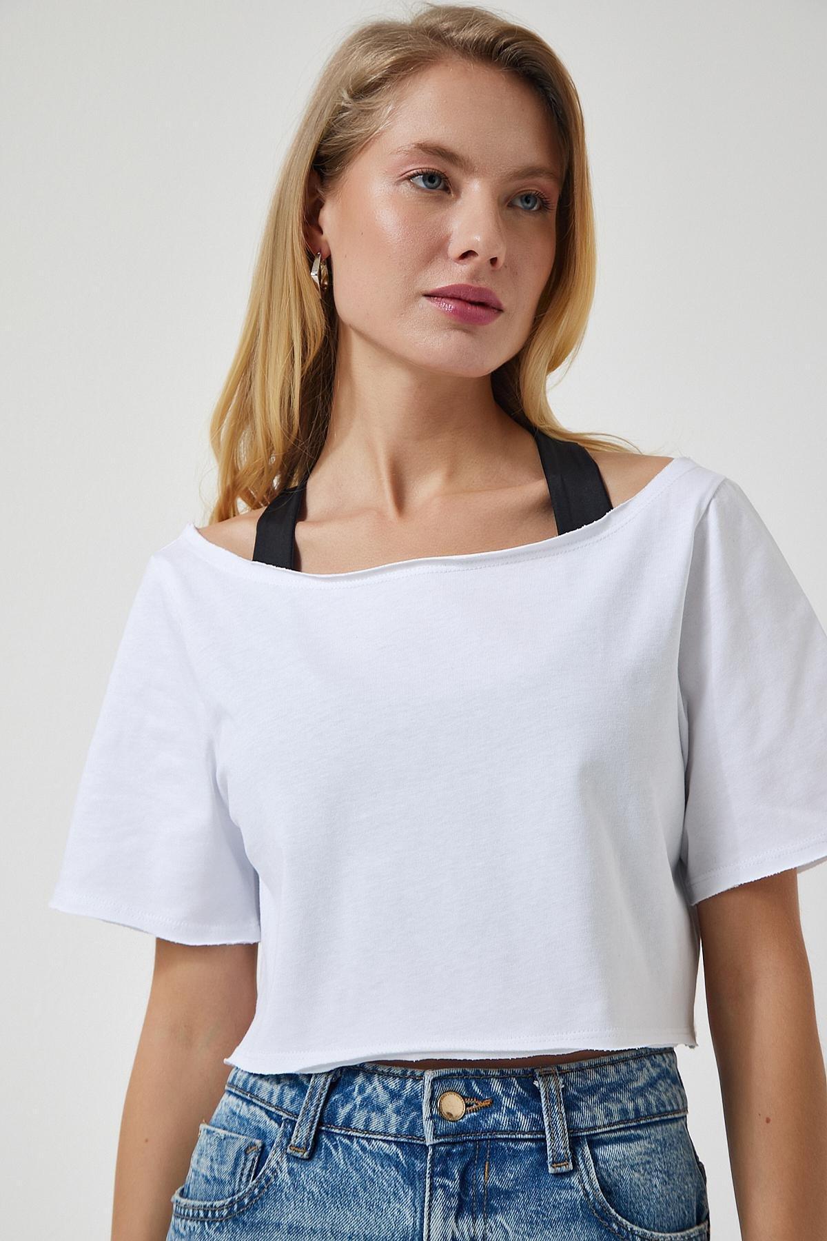 White Boat Neck Crop Knitted T-Shirt, C101_5696, large image number 2