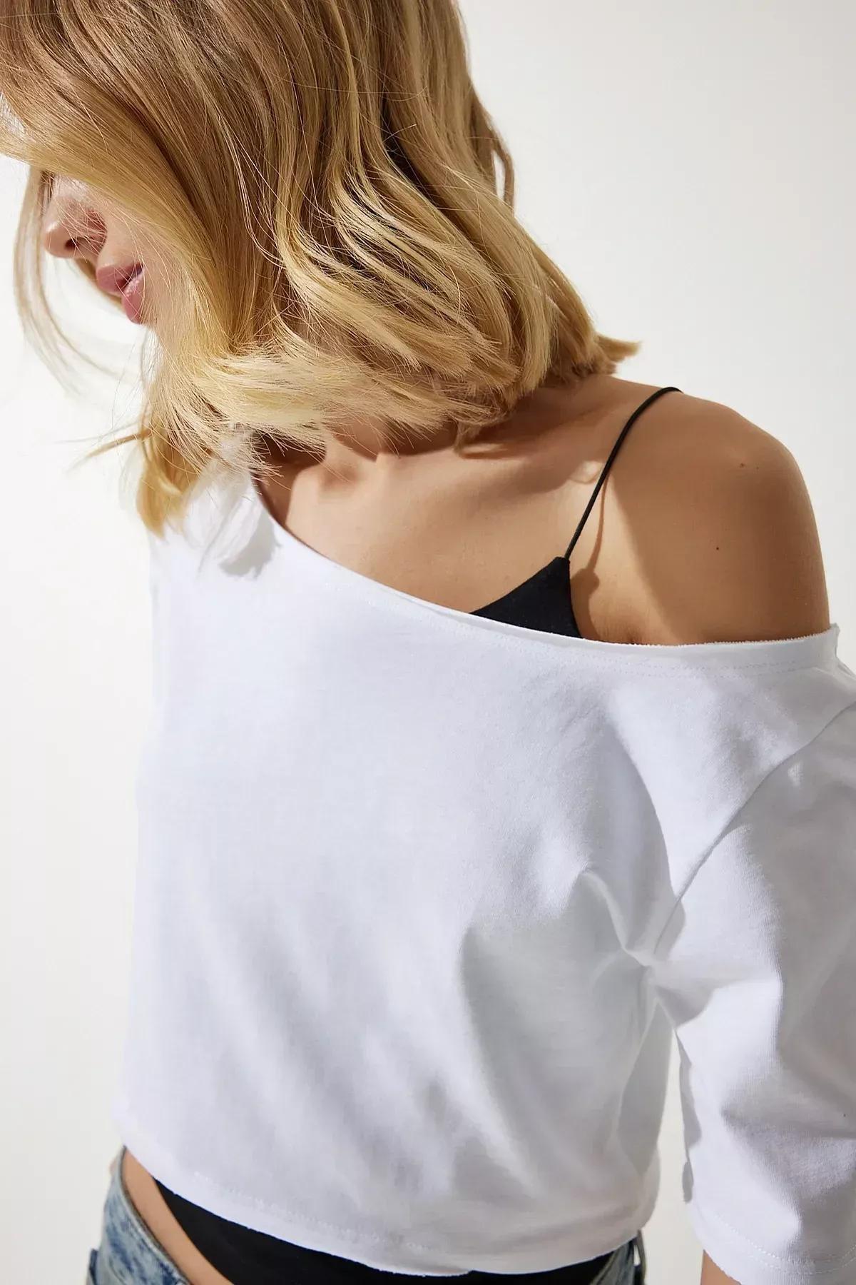 White Boat Neck Crop Knitted T-Shirt, C101_5696, large image number 7