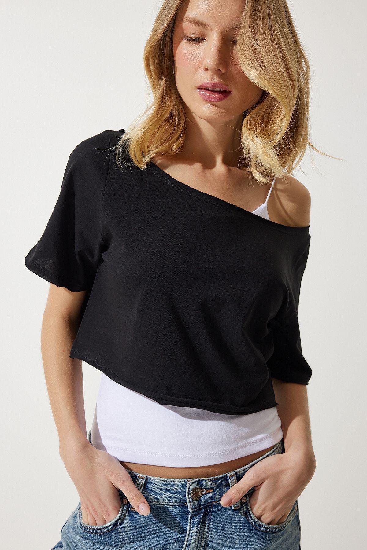 Black Boat Neck Crop Knitted T-Shirt, C101_5720, large image number 1