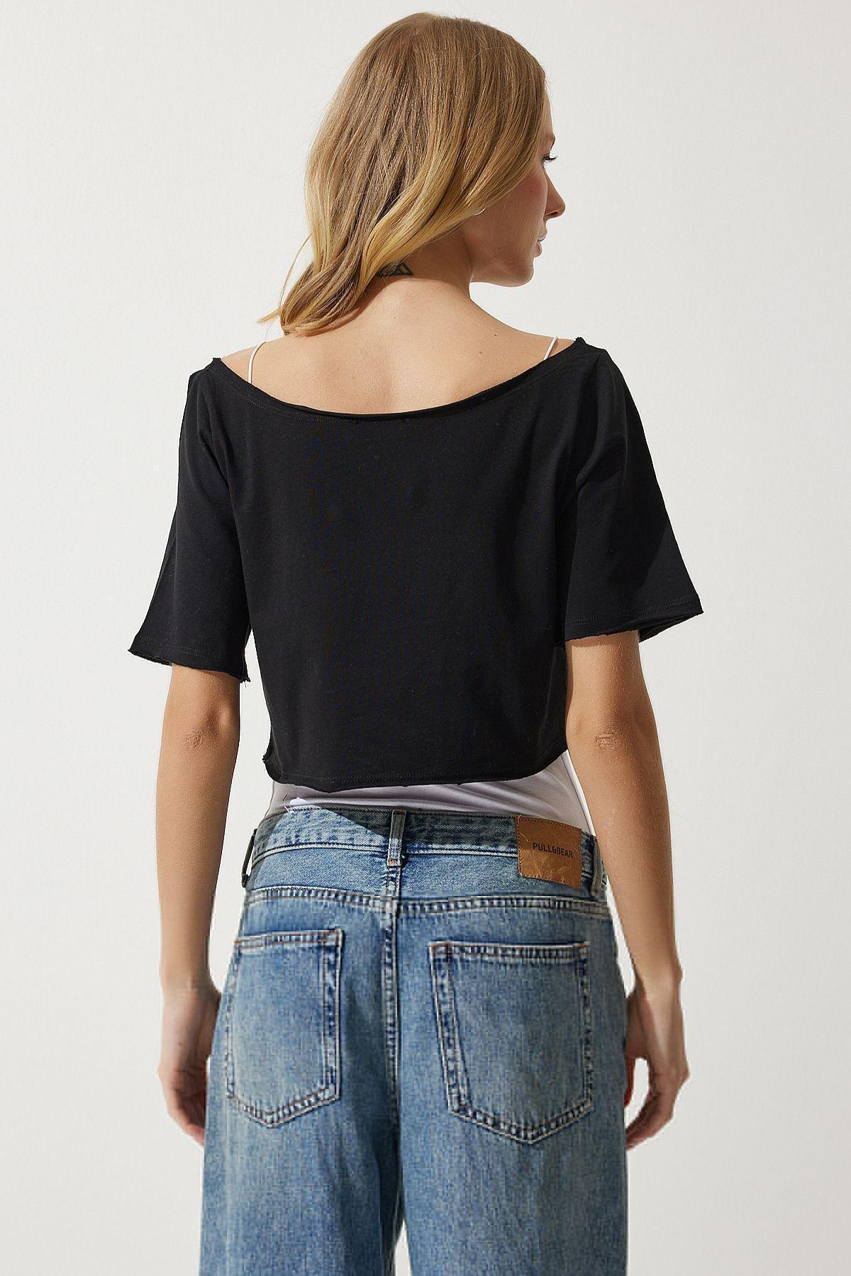 Black Boat Neck Crop Knitted T-Shirt, C101_5720, large image number 4