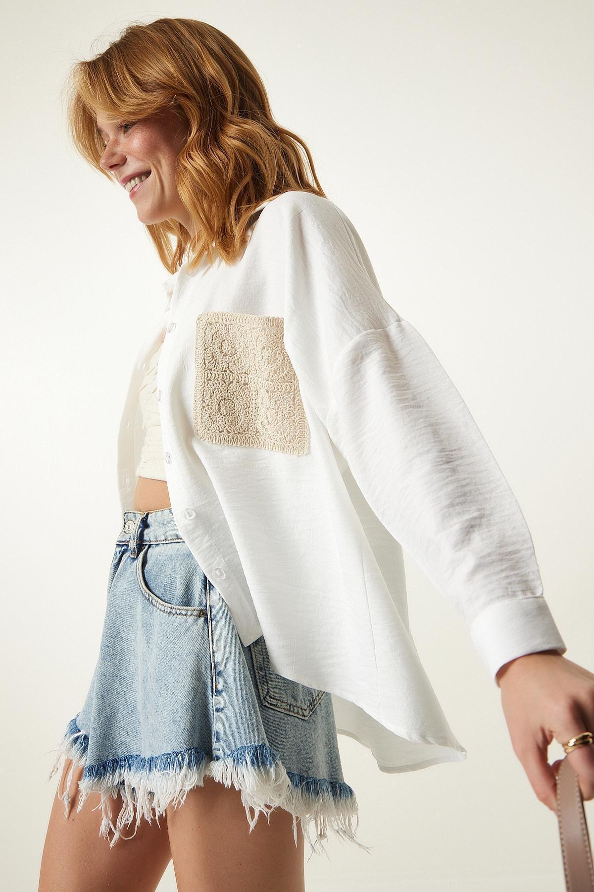 Ecru Lace Detailed Linen Shirt, , large image number 1