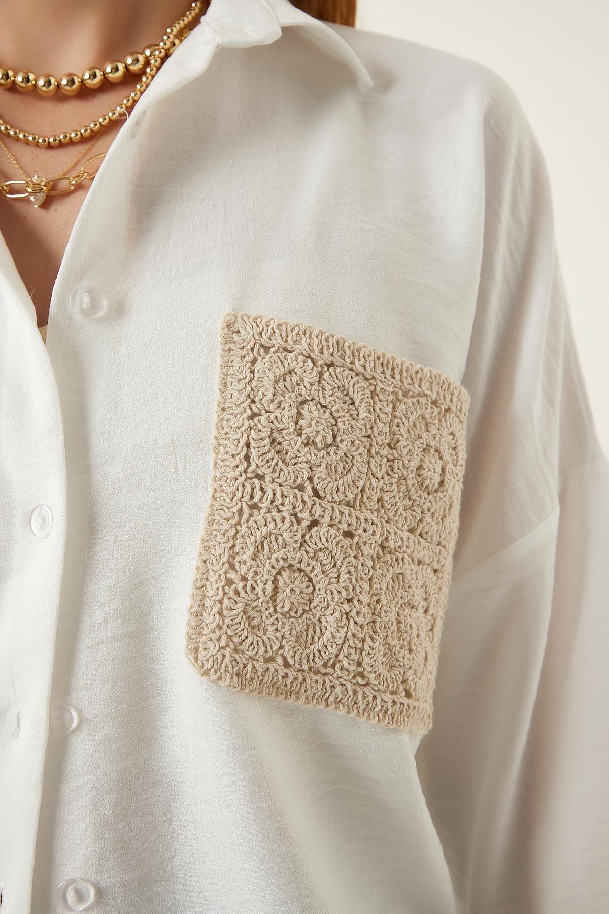 Ecru Lace Detailed Linen Shirt, , large image number 3